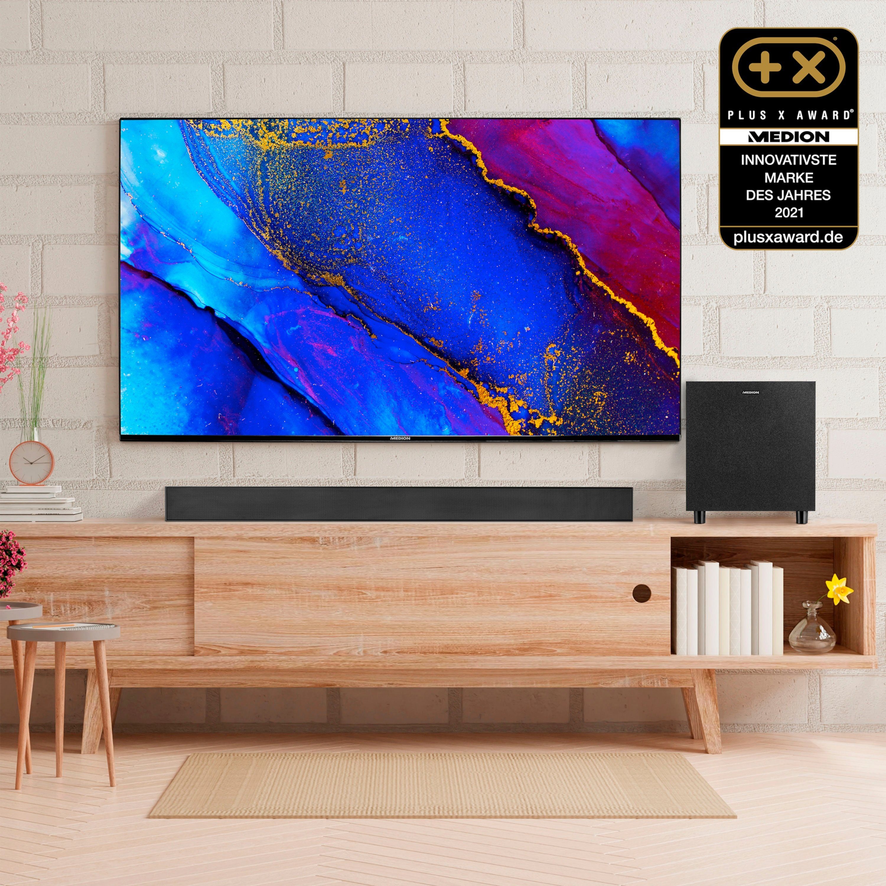 Medion® LIFE® S61022 Dolby Atmos® Soundbar, Bluetooth®, 3x20W + 60 W Subwoofer Soundbar (Bluetooth 5.3, 60 W, 3 Soundeinstellungen, Kabellose Musikübertragung)