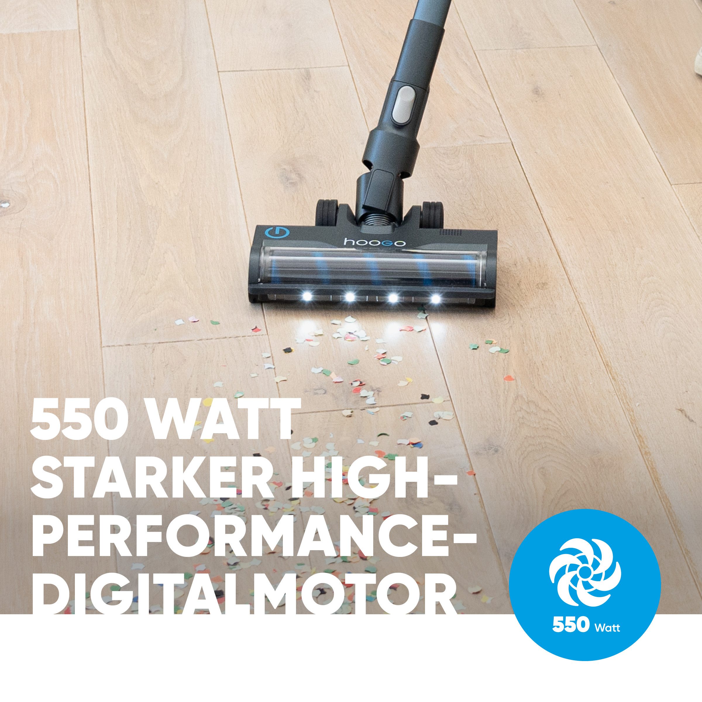 hoogo Akku-Stielstaubsauger S5+, 550,00 W, beutellos, optional mit Beutel, für Allergiker, Tierhaare, Qualität aus Deutschland