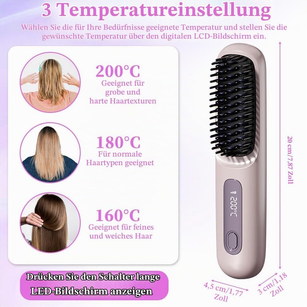FELIXLEO Elektrohaarbürste Kabellose Glättbürste Wiederaufladbar 160 bis 200 Grad Lila
