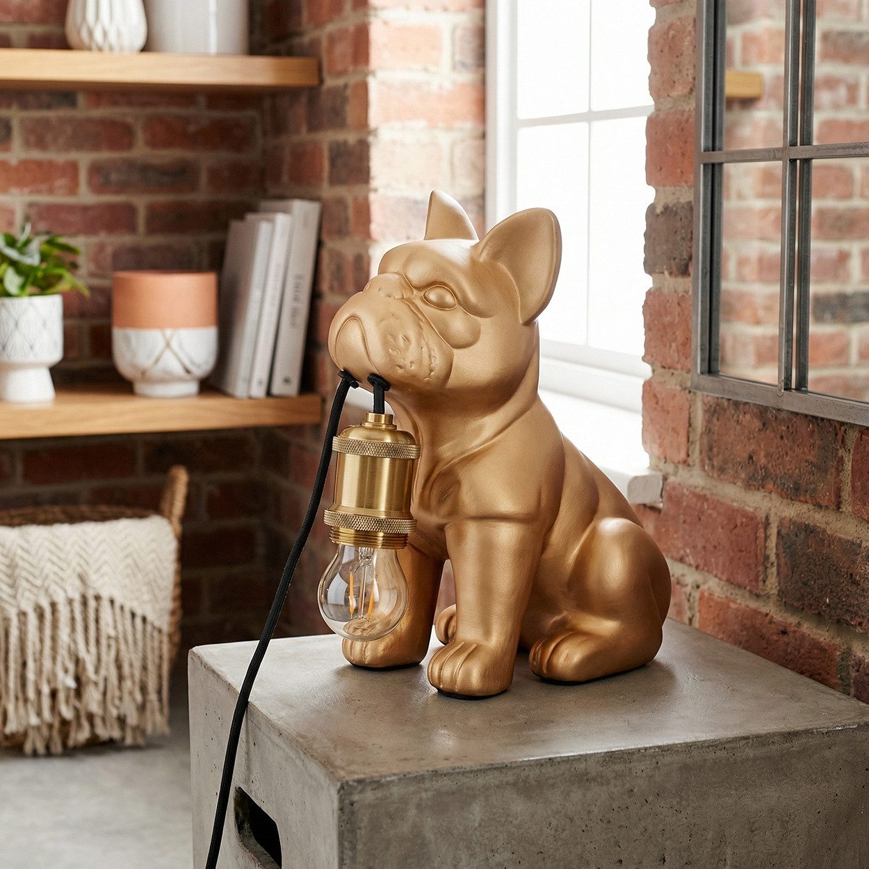 hofstein Tischleuchte Tischlampe Hund aus Keramik/Metall in Gold-/Kupferfarben, Tischleuchte im Vintage-Design, Schalter am Kabel, Höhe 24 cm, E27