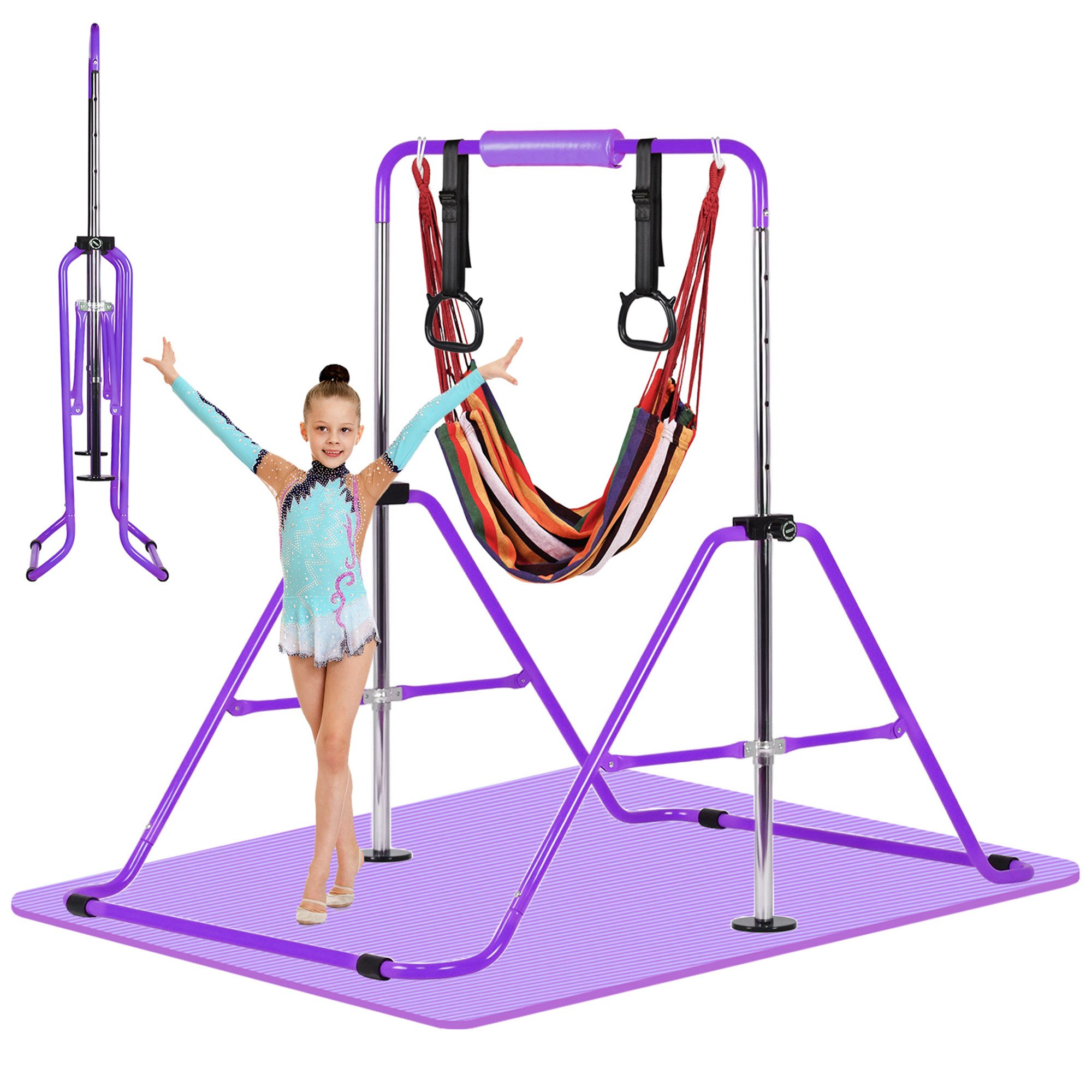 Hausright Turnreck Gymnastikstange für Kinder, Turnstange ab 3 Jahre, 88-128cm, (Gymnastikstange mit Gymnastikmatte, Reckstange, Matte, Polster, Schaukel & 2 Ringen), Verstellbaren Höhen Faltbare Reckstange Reckanlage