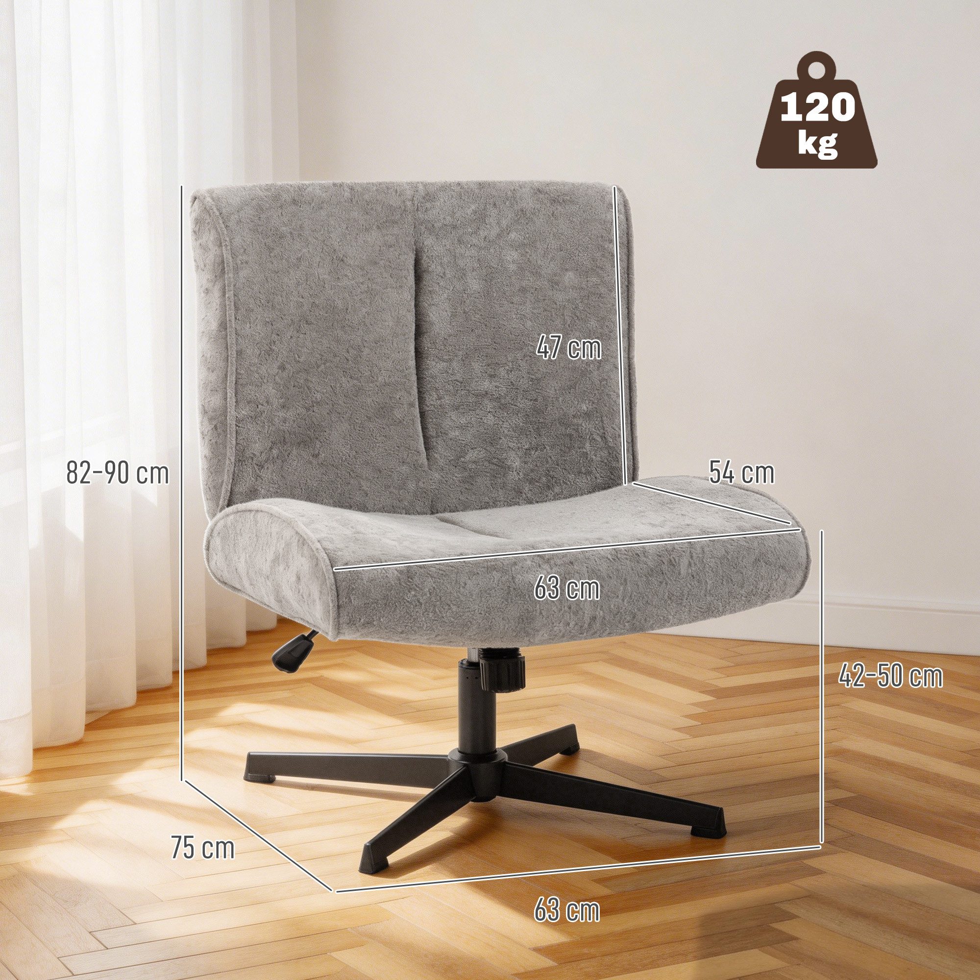 HOMCOM Relaxsessel Schneidersitz mit Samtoptik, Bürostuhl Ohne Armlehnen, Grau (Loungesessel, 1-St., Sessel), 360° Drehung, höhenverstellbar, breite Sitzfläche