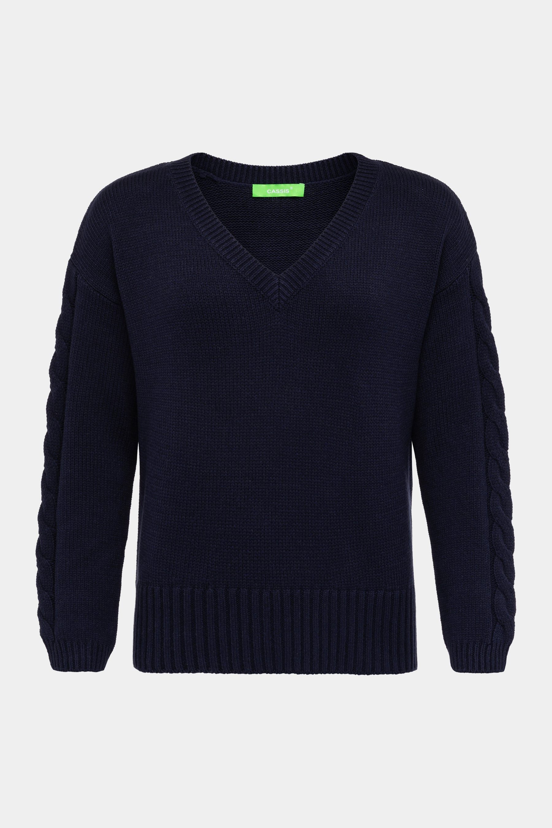 Cassis Strickpullover CASSIS Damenpullover Navy – V-Ausschnitt & Zopfmuster günstig online kaufen