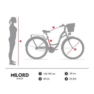 MILORD BIKES Cityrad Milord Komfort City Fahrrad Jugendrad, 24 Zoll, Schwarz, 21-Gang, 21 Gang, Kettenschaltung