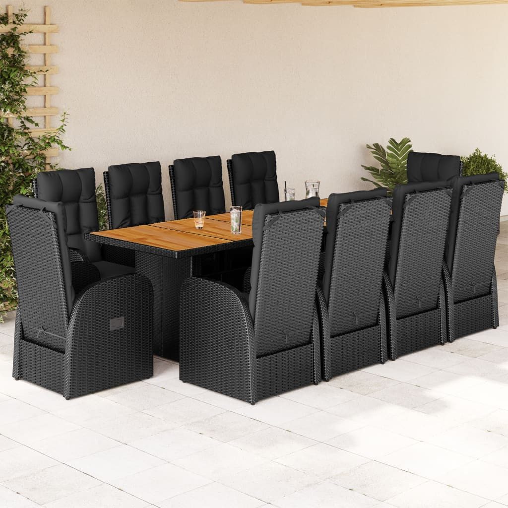 vidaXL Garten-Essgruppe 11-tlg. Garten-Essgruppe mit Kissen Schwarz Poly Rattan, (10-tlg)