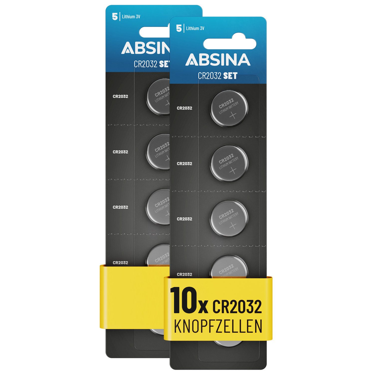 ABSINA Knopfzelle CR2032 Lithium 3V 10er Pack Knopfzelle, (10 St)