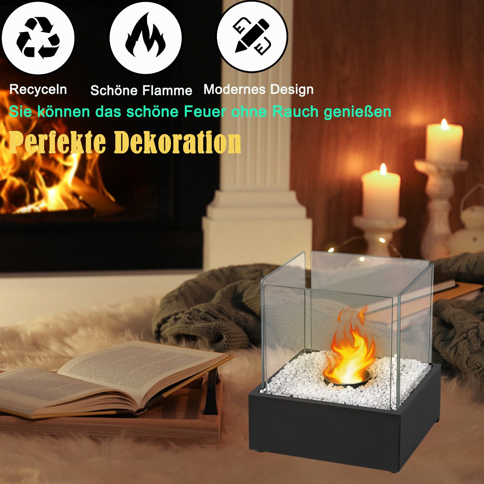 FIVMEN Tischfeuer Ethanol Tischkamin Indoor Outdoor Eckig/Rund Kamin Tischfeuerstelle (inkl Natursteinen, Unendliche Brenndauer, Balkon Deko Garten)