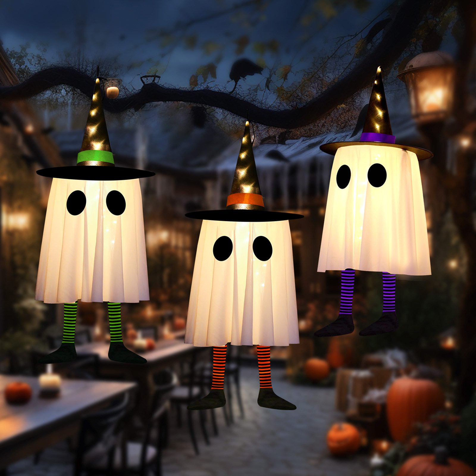 MUPOO LED Dekolicht Dekohänger LED-Lichterkette Geister-Hexenhut Halloween-Deko, 3 Modi, 3 Farben, Batteriebetrieb, Halloween-Dekoration Innen