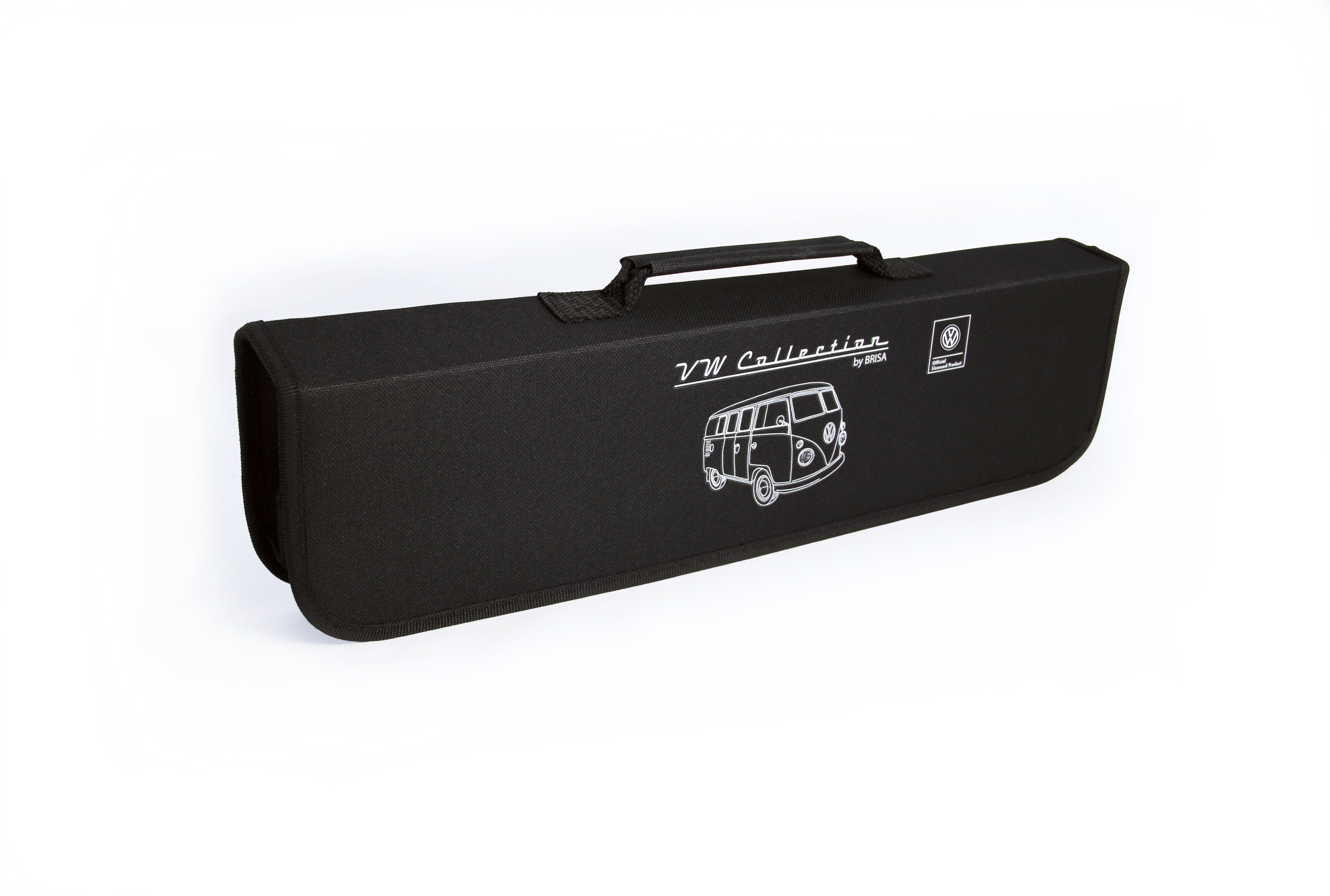 VW Collection by BRISA Grillbesteck-Set Volkswagen Grillzange aus Edelstahl im T1 Bulli Design, (3 tlg), Grillgabel, Fleischwender & Grillzange inkl. Tragetasche