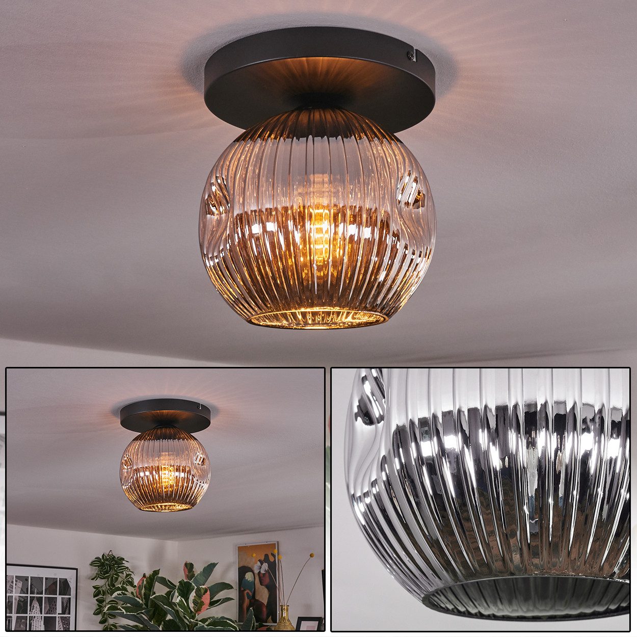 Deckenleuchte Deckenlampe aus Metall/Riffelglas in Schwarz/Chrom-/Rauchfarben