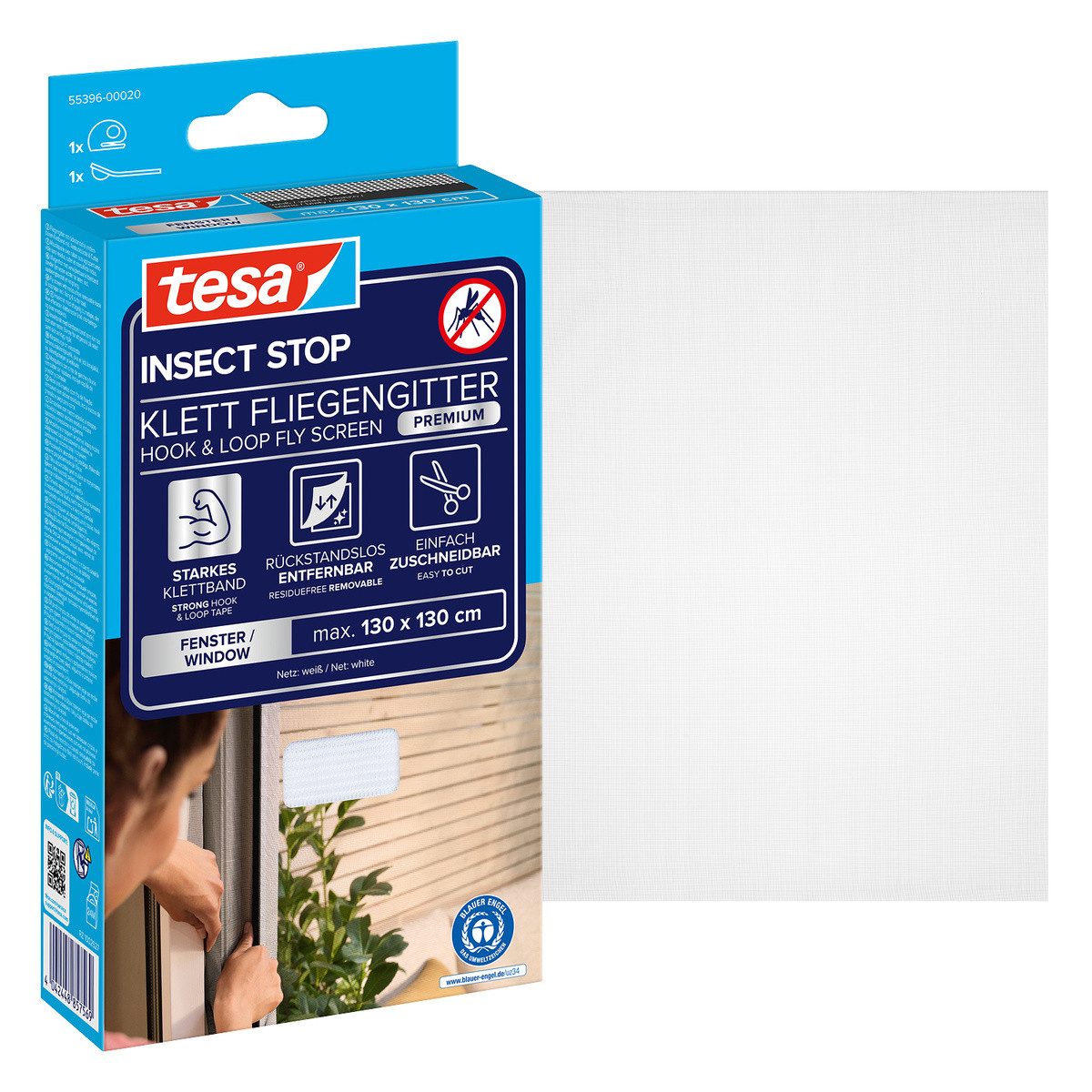tesa Fliegengitter-Gewebe Premium für Fenster, Insektenschutz mit Klettband, (Packung, 1-St., Fliegennetz, Klettband, Andrück und Schneidehilfe), selbstklebende Insektenschutz - 130 cm x 130 cm