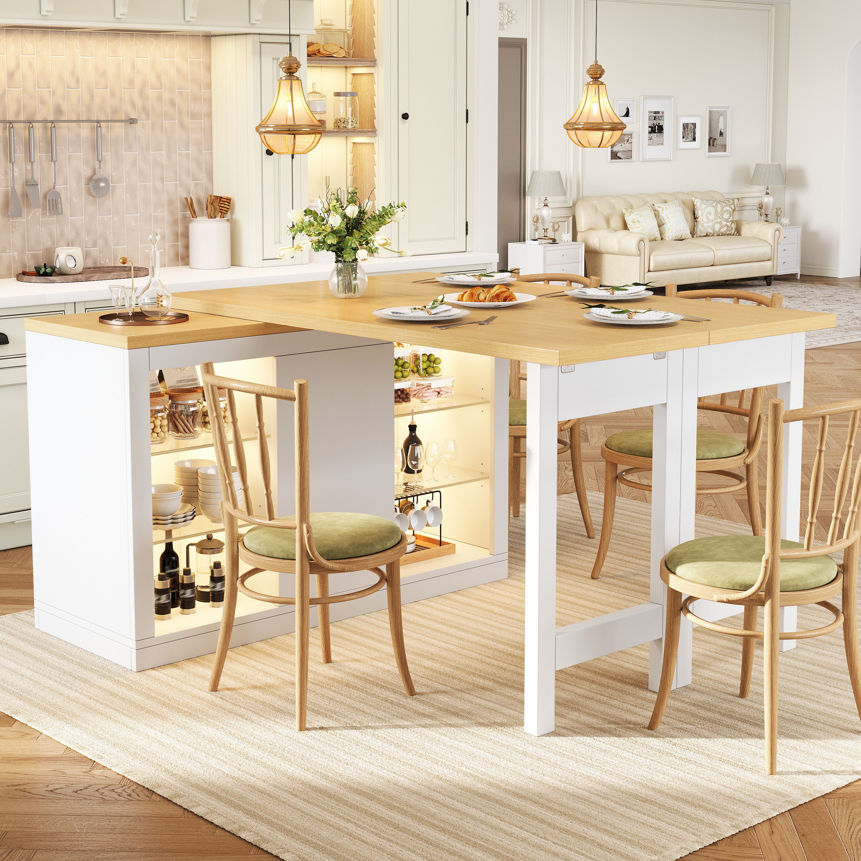 Flieks Kücheninsel Mehrzweckschrank mit 360° drehbarer und klappbarer Arbeitstisch, (Holzoptik Tischplatte Tiefe 40-80cm, Längenverstellbar 120-197cm), ausziehbar Esstisch&Küchenschrank mit verstellbarer Glasablagen Weiß