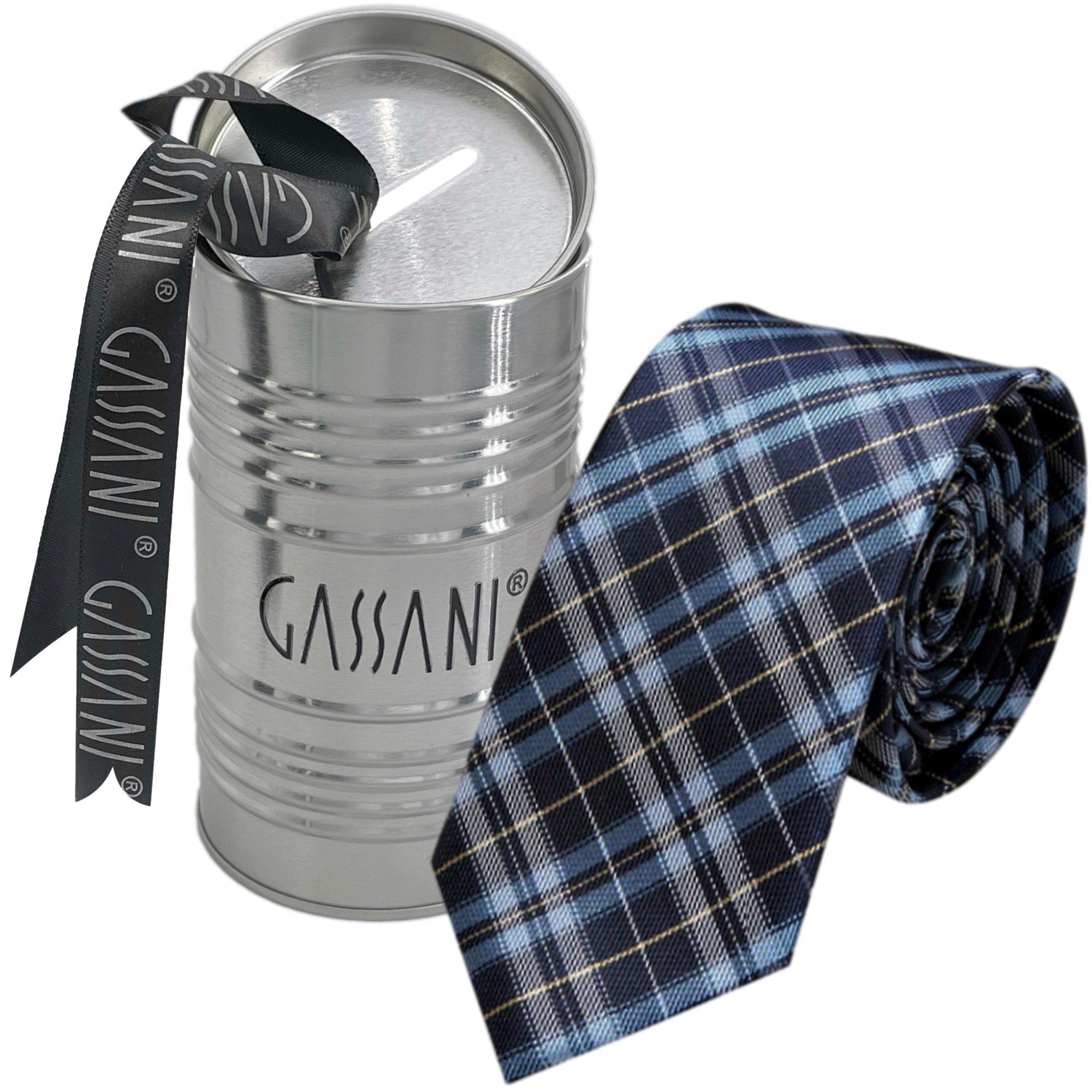 GASSANI Krawatte Slim Karo Herren-Schlips Schmal zum Anzug Sakko (Set, 2-St., Businesskrawatte, Kariert mit Feinen Streifen, Schotten-Karo, Glencheck-Design, Tartan, Plaid, Karomuster, inkl Geschenkverpackung) Retro Männer Binder, In Geschenk-Box Dose Blech-Spardose, Seide-Touch Stahlblau Himmelblau Beige-Gold Weiß Dunkel-Blau Navy-Blau Hell-Blau Hell-Braun Natur