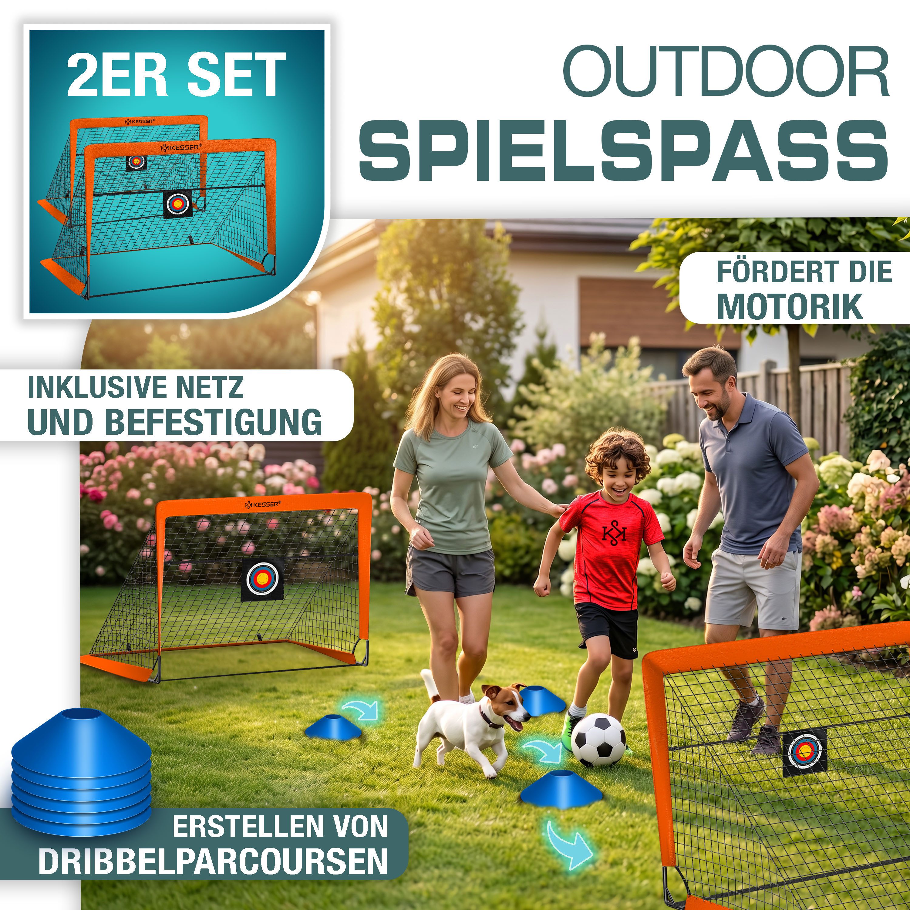 KESSER Fußballtor Set mit Tragetasche, Heringen, Zielscheibe, Hütchen & Pumpe, Pop-Up Tor mit Anti-Rutschfüßen – ideal für Training & Freizeitspiele