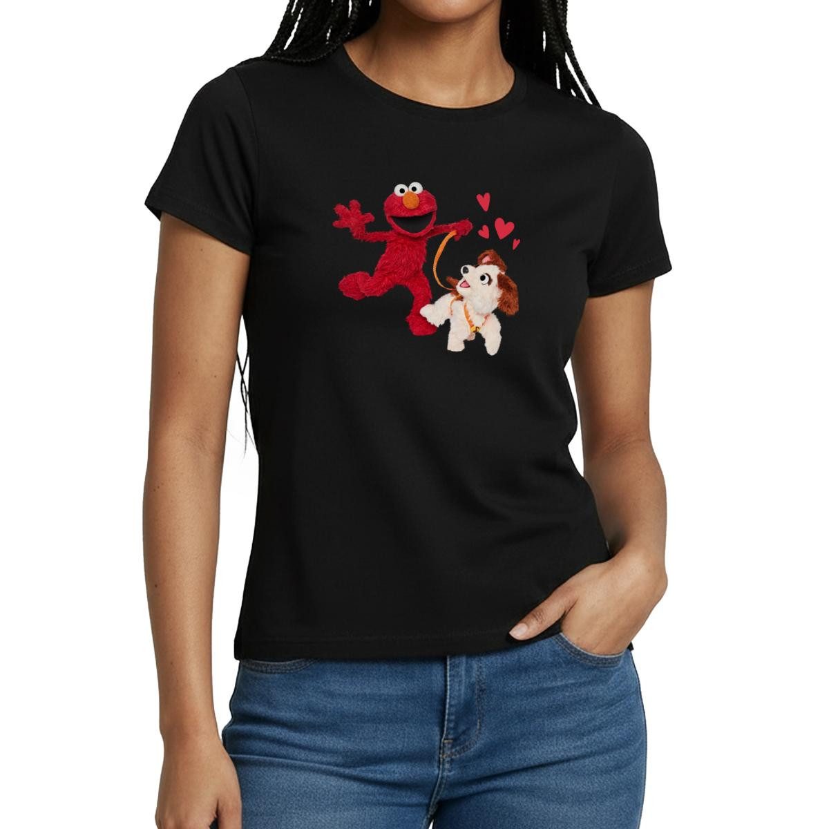 Spreadshirt T-Shirt Sesamstraße Elmo Und Tango Beim Spaziergang Frauen T-Shirt (1-tlg) Slim Fit, fällt klein aus