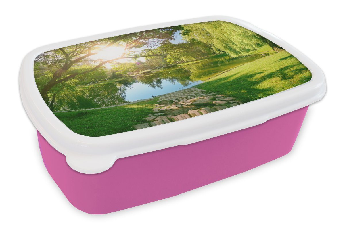 MuchoWow Lunchbox Bäume - See - Sonne - Gras - Natur, Kunststoff, (2-tlg), Brotbox für Erwachsene, Brotdose Kinder, Snackbox, Mädchen, Kunststoff rosa
