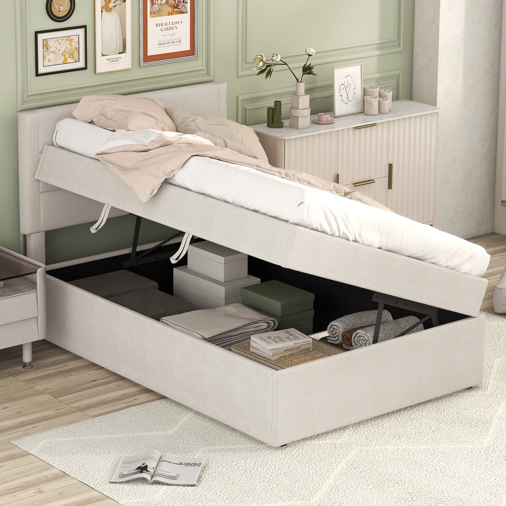 Flieks Polsterbett, Boxbett Einzelbett mit Stauraum Leinen 90x200cm günstig online kaufen