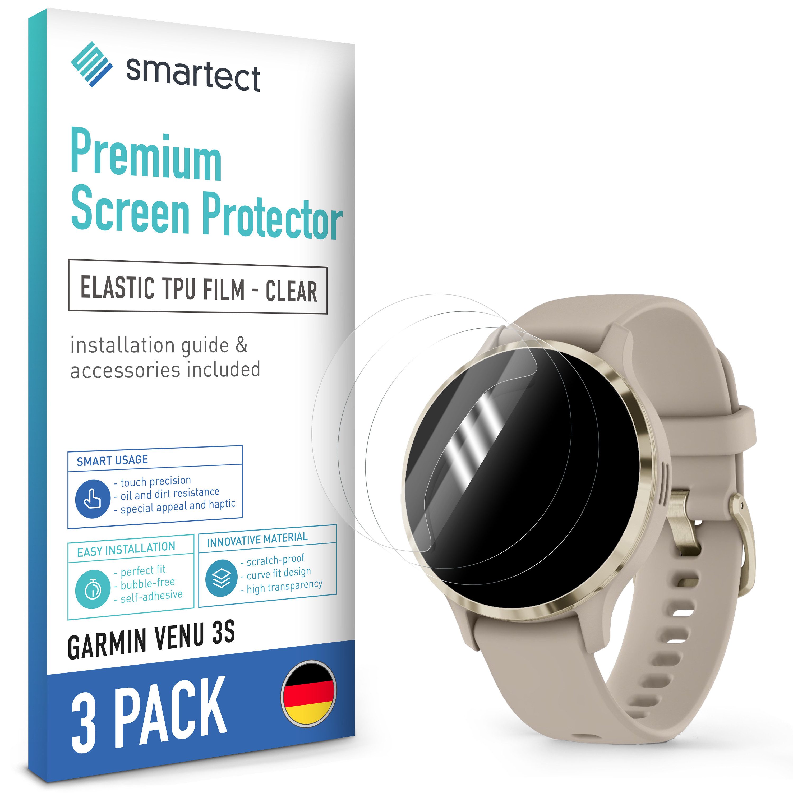 smartect Displayschutzfolie 3X TPU Schutzfolie Klar für Garmin Venu 3S New für Garmin Venu 3S New, Set, 3 Stück, Ultra-klar, Kratzfest, Blasenfrei, Oleophob, Fingerabdruck kompatibel