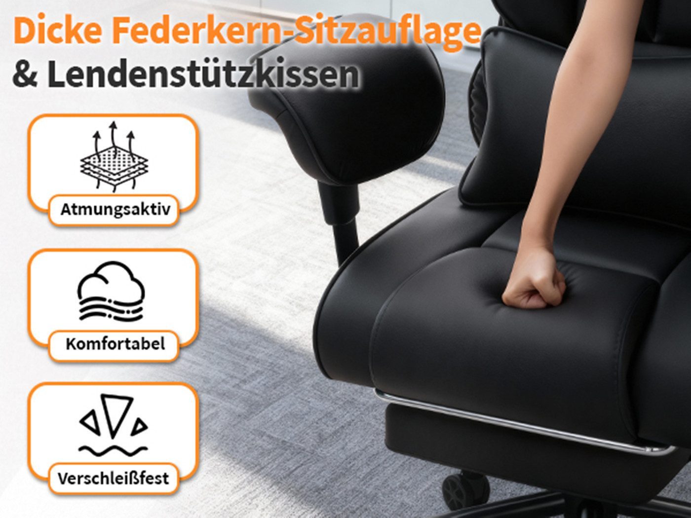 Hoffree Drehstuhl XXL Ergonomischer Bürostuhl Chefsessel Gaming-Stuhl Kunstleder, mit Fußstütze, verstellbarer Kopf- & Armlehnen, Max bis 200 kg – Bild 5 von 5