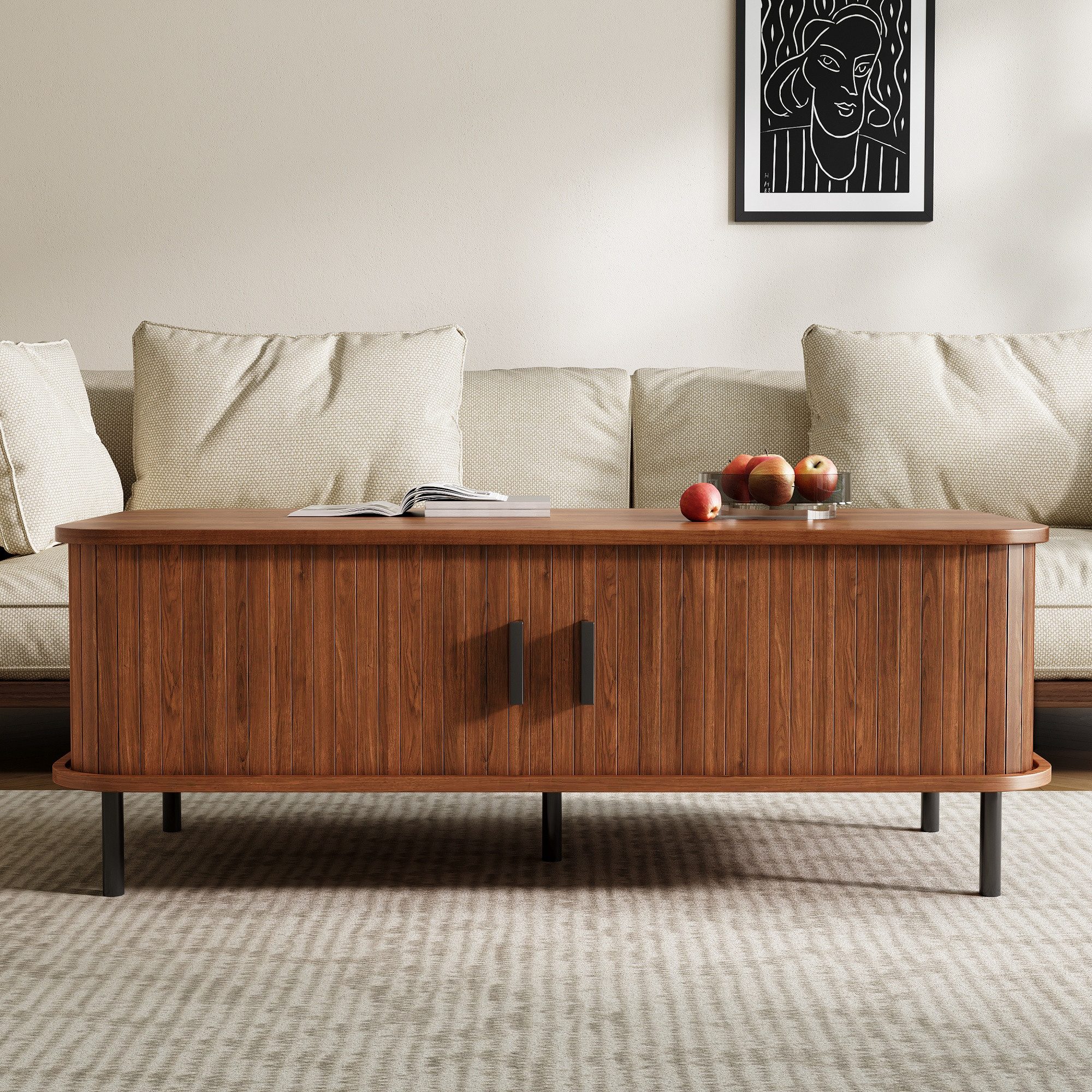 Merax Couchtisch mit 2 Schiebetüren und Stauraum, Sofatisch Beistelltisch 120x55x45cm (1-St), Wohnzimmertisch mit vertikaler Lamellenoptik & abgerundeten Kanten – Bild 3 von 5