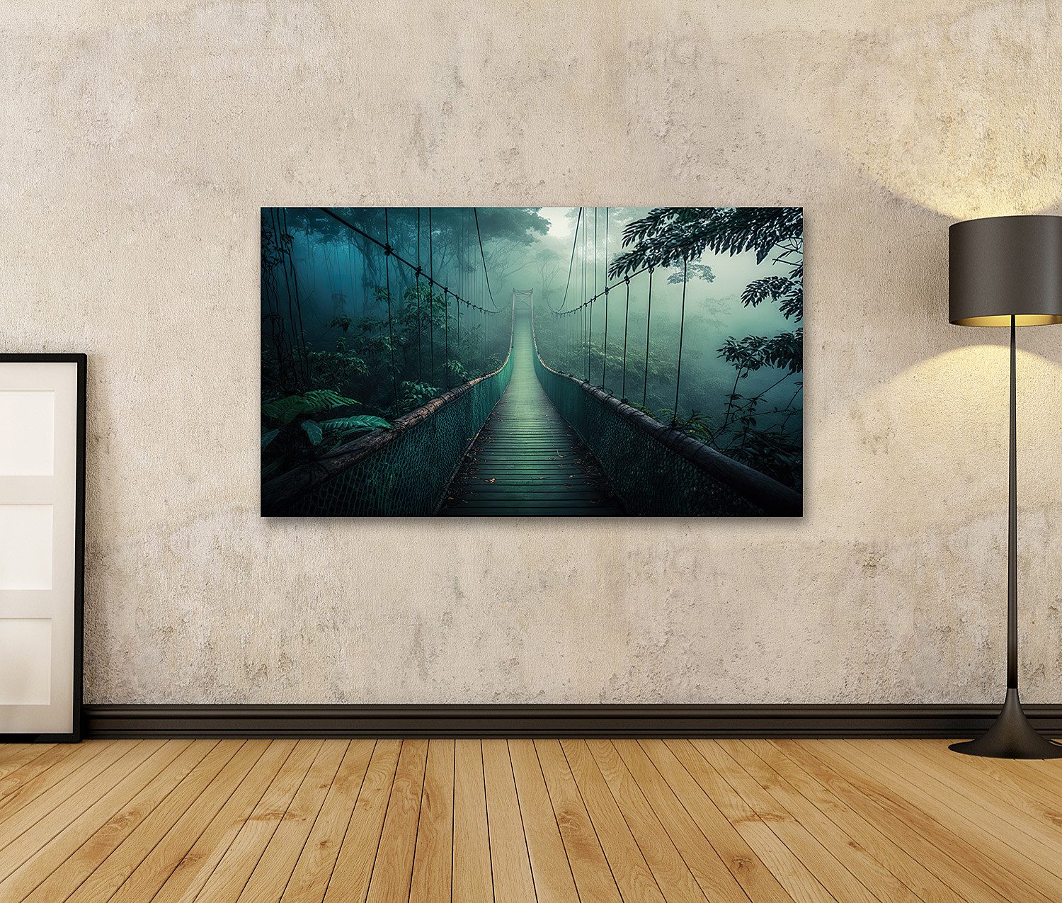 islandburner Leinwandbild Hängebrücke Grün Nebliger Dschungel günstig online kaufen
