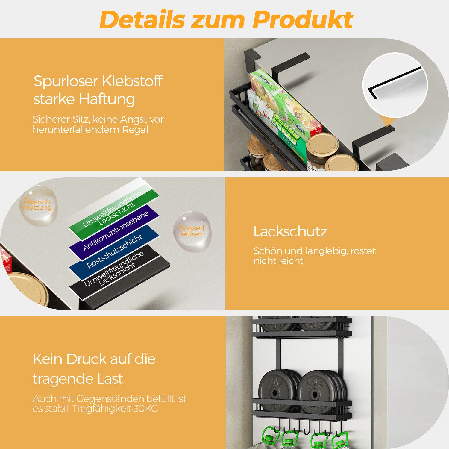 PFCTART Küchenregal Gewürzregal & Küchenregal Edelstahl 39cm - Wandmontage, 30kg Tragkraft, Schwarz - Robuster Vorratsorganizer 1-tlg., Ohne Bohren, 3 Ebenen &  – Bild 4 von 5