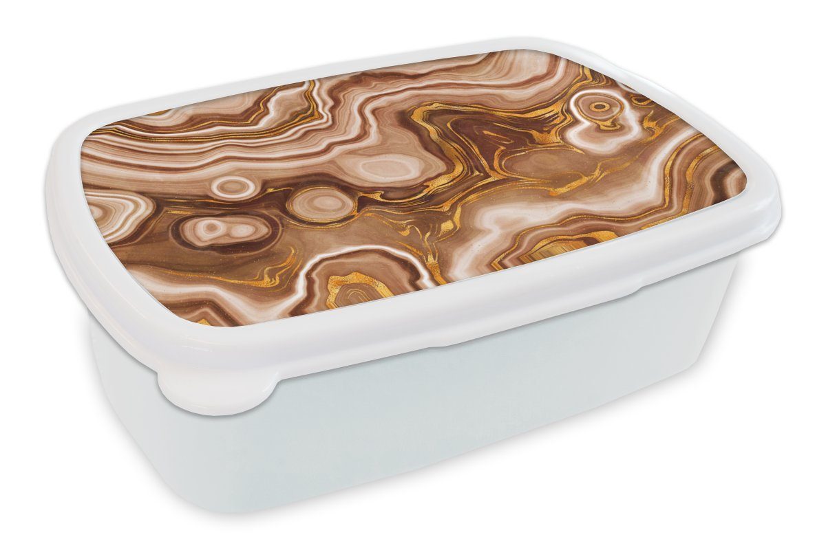 MuchoWow Lunchbox Marmor - Golden - Kreis, Kunststoff, (2-tlg), Brotbox für Kinder und Erwachsene, Brotdose, für Jungs und Mädchen weiß