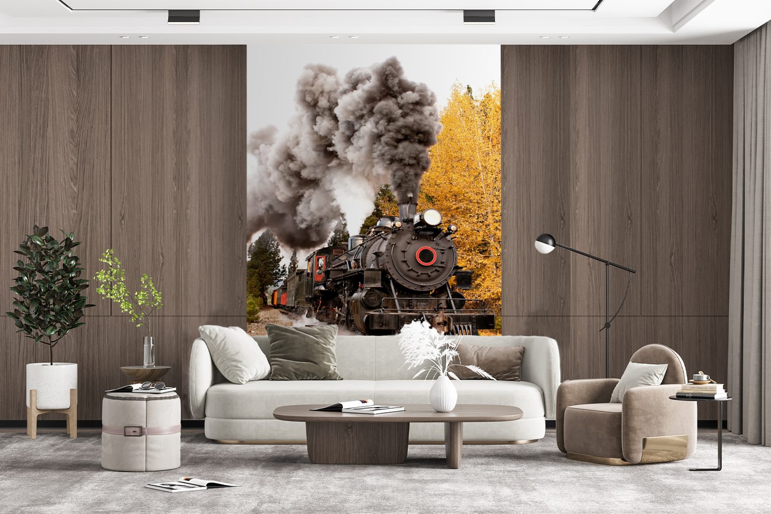 St), bedruckt, MuchoWow mit Wohnzimmer, für Wandtapete Montagefertig Fototapete Tapete Dampflokomotive Rauchfahnen, schönen Matt, Vinyl (3