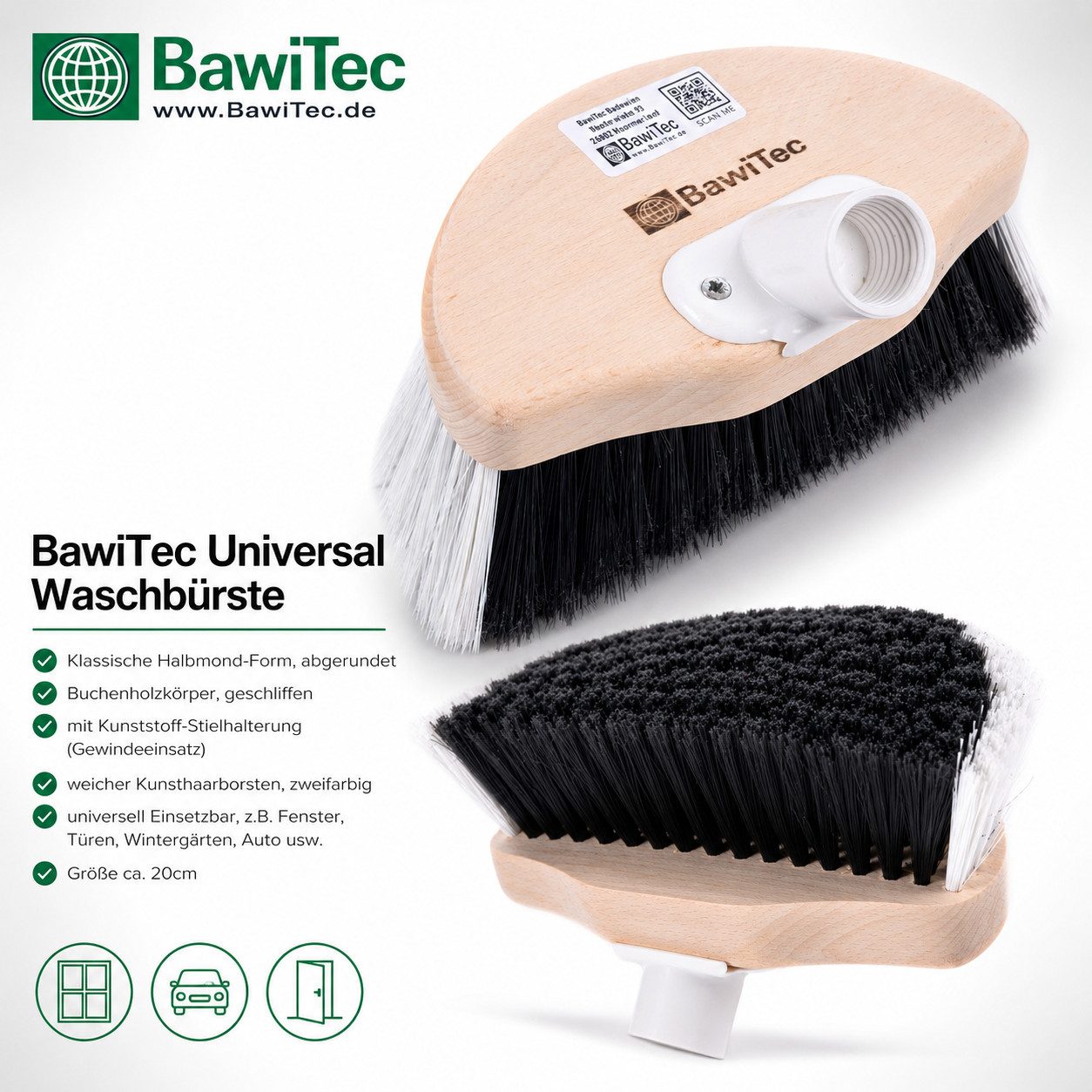 BawiTec Reinigungsbürste Waschbürste Fensterwascher Halbmond weich Fensterwaschbürste, Fenster, Türen, Wintergärten, Auto, Caravan, Anhänger, LKW, Fassaden, Hal – Bild 2 von 3