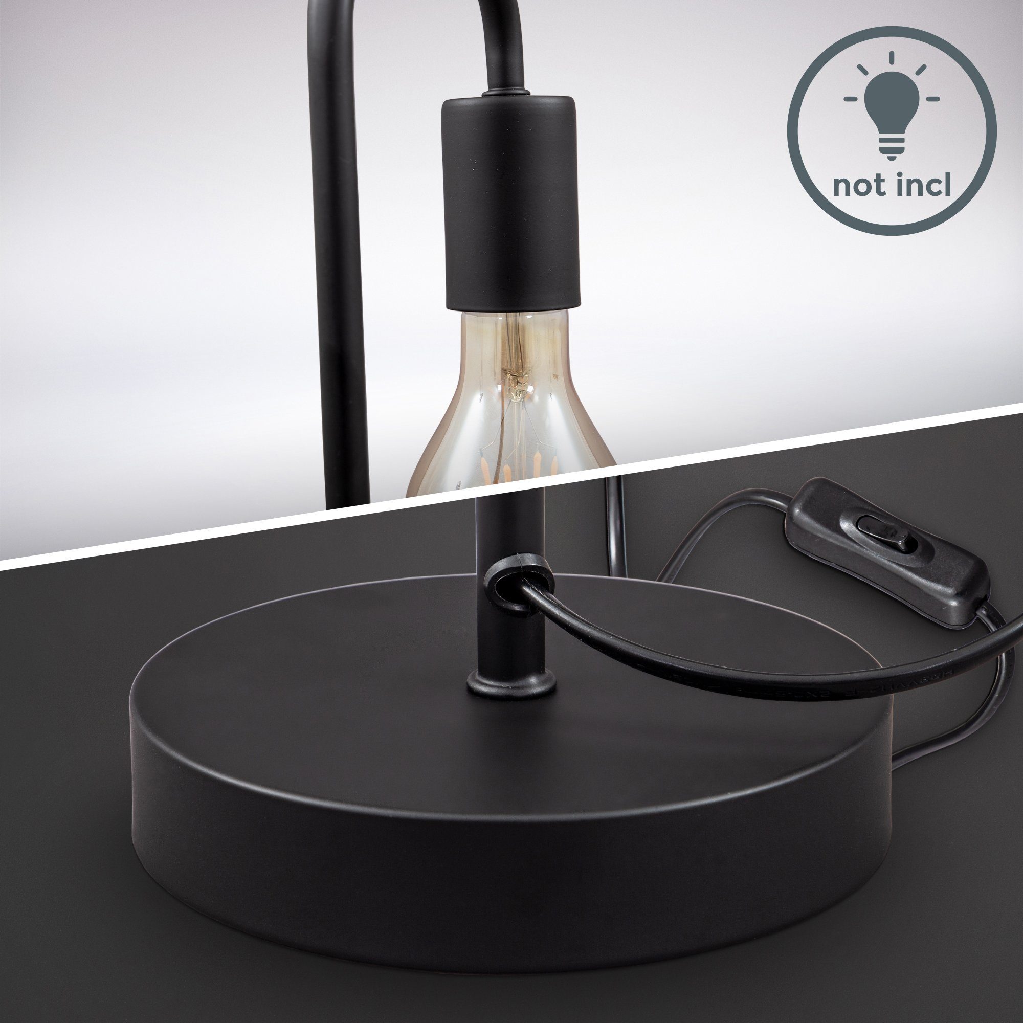 B.K.Licht Tischleuchte BK_TL1381 Retro Tischlampe, Gebogen, Matt-Schwarz, E27, ohne Leuchtmittel, Kabel mit Schalter, Metall, Runde Leselampe – Bild 4 von 5