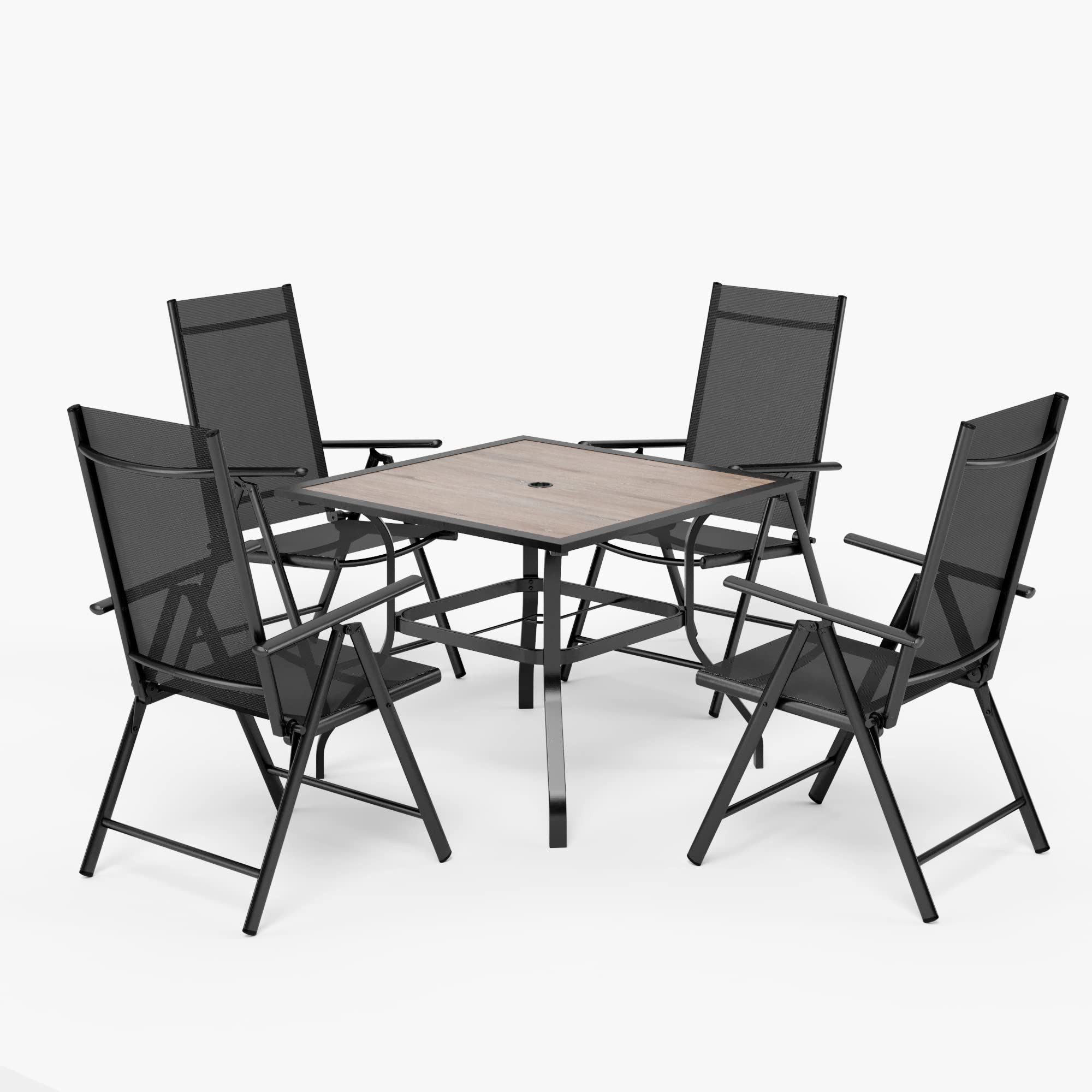 PHI VILLA Garten-Essgruppe, (Quadratischem Holzähnlichem Metall-Tisch mit 4cm Schirmloch), Gartenset Tisch und Stühle für Draußen