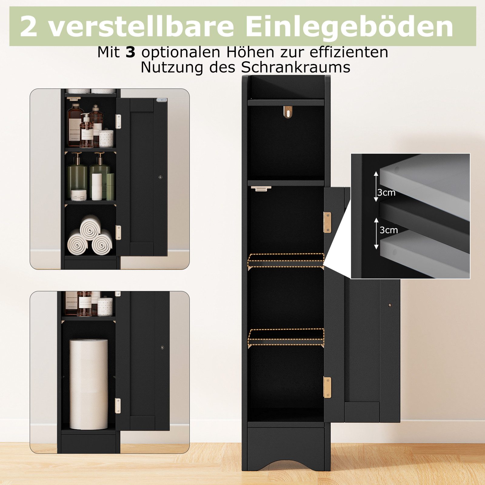 COSTWAY Badkommode, Badezimmerschrank schmal mit verstellbaren Ablagen, weiß