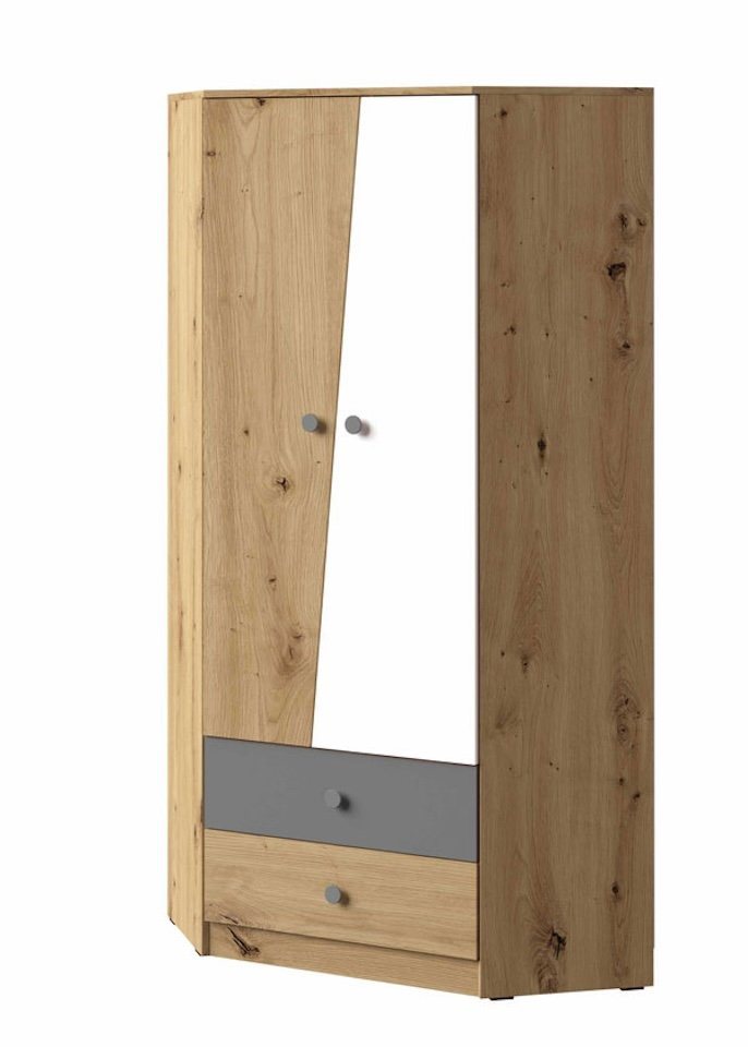 Feldmann-Wohnen Eckschrank Nero (2 Türen, rechts 3 Einlegeböden, 2  Schubladen mit Rollenschubführung, 1-St., verstellbare Scharniere,  Knopfgriffe aus Kunststoff) 87cm eiche / weiß-grau matt mit grauen  Knopfgriffen