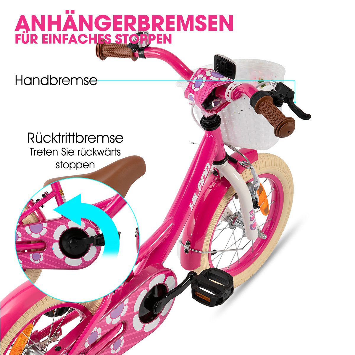 HILAND Kinderfahrrad Petal 12/14/16 Zoll Mädchenfahrrad, Kinderfahrrad für Mädchen, mit Korb und Stützrädern, Kotflügel, Hilfsrad, Fahrradklingel