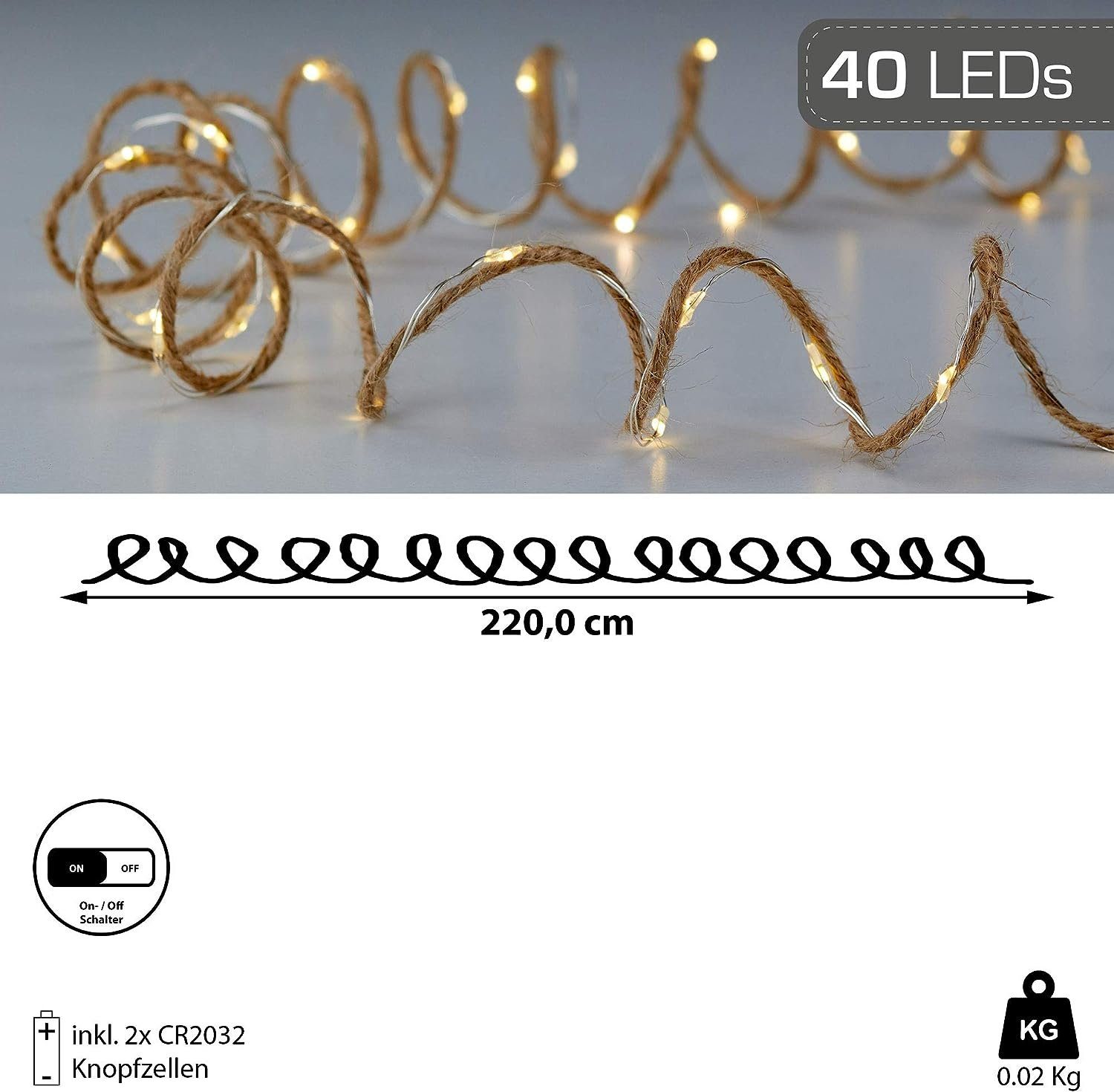 CEPEWA LED-Lichterkette Lichterkette "JUTE", Mikro 240cm 40LED
