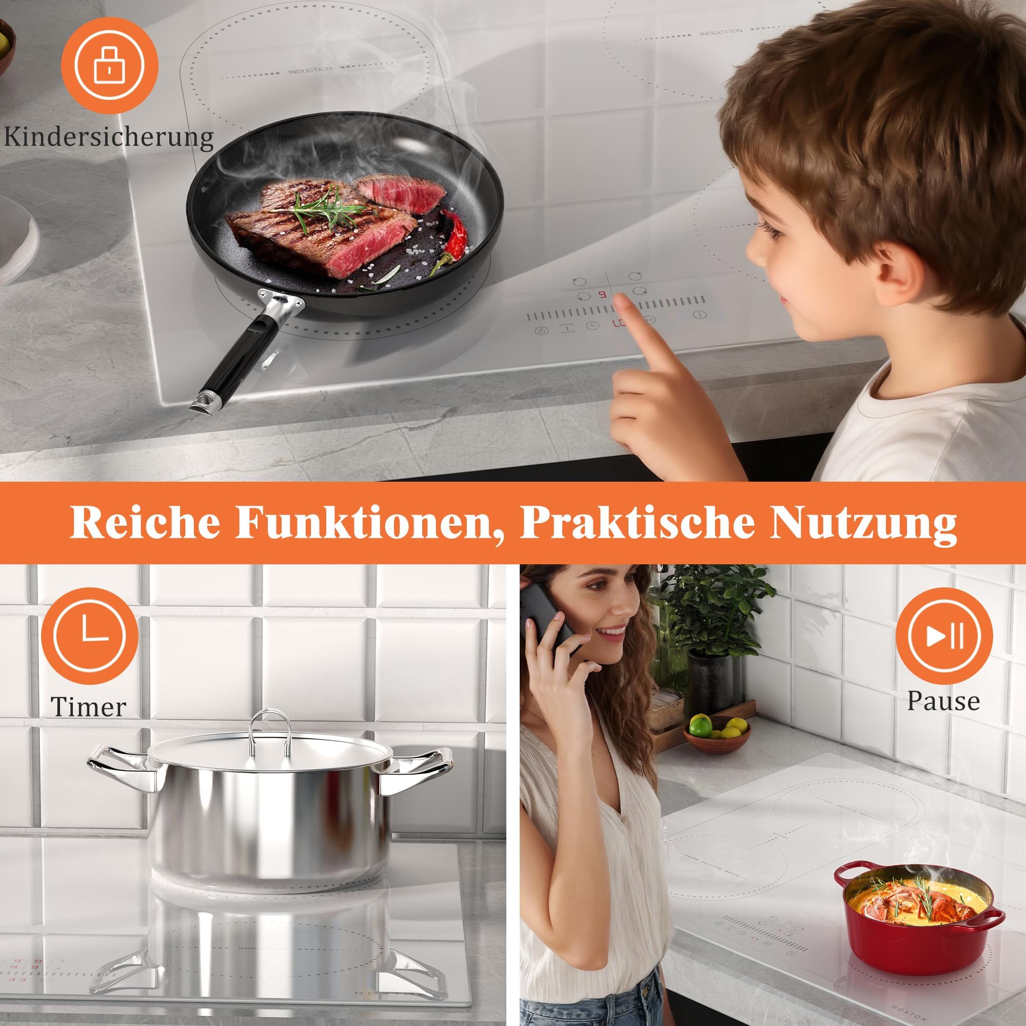 NOXTON Induktions-Kochfeld Induktionsfeld 4 Platten mit Flexzonen Weißes, Flexzonen, 3500W