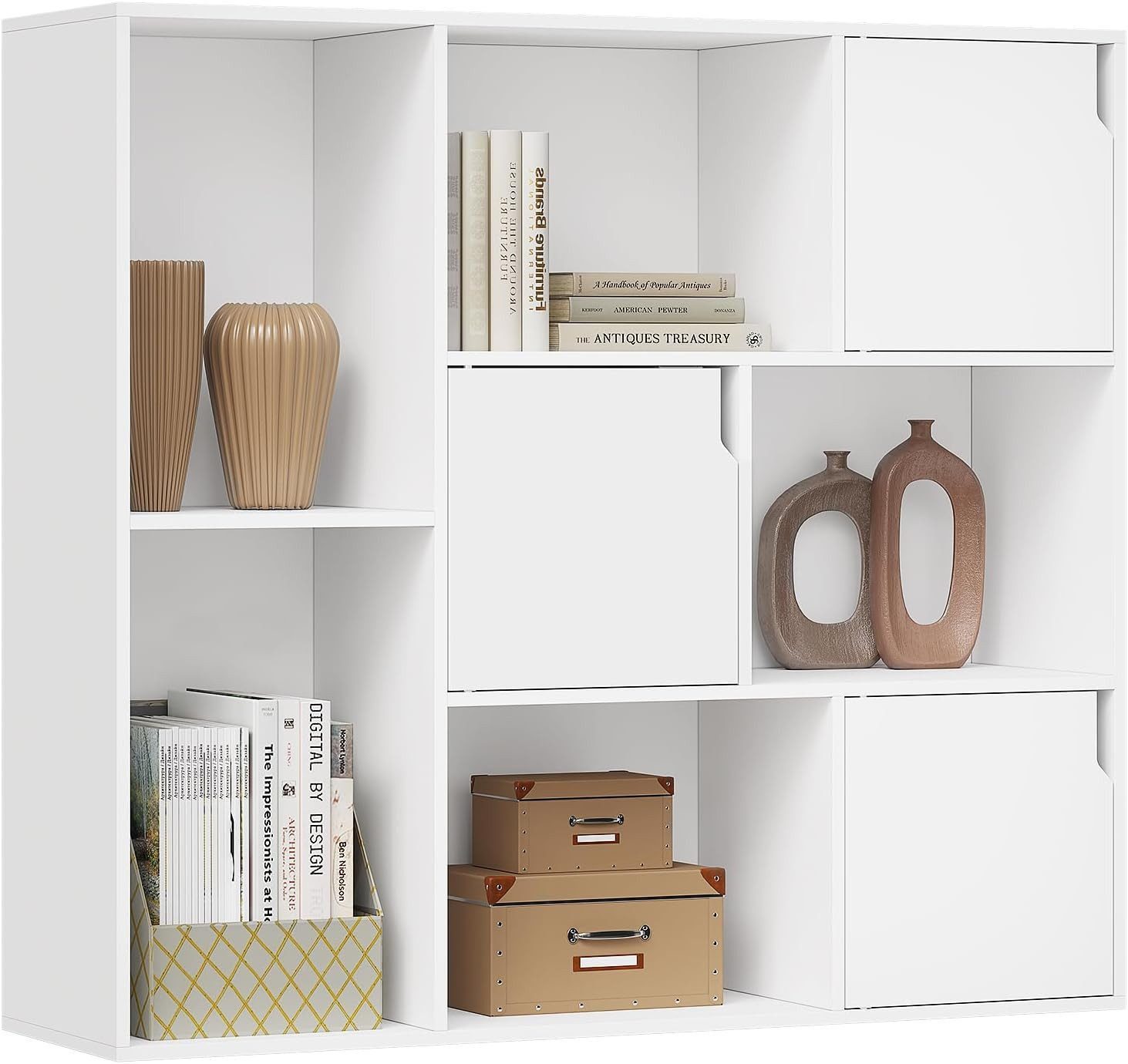 Woltu Bücherregal, 1-tlg., Weiß, mit 8 Fächern 3 Türen, für Büro Wohnzimmer Arbeitszimmer