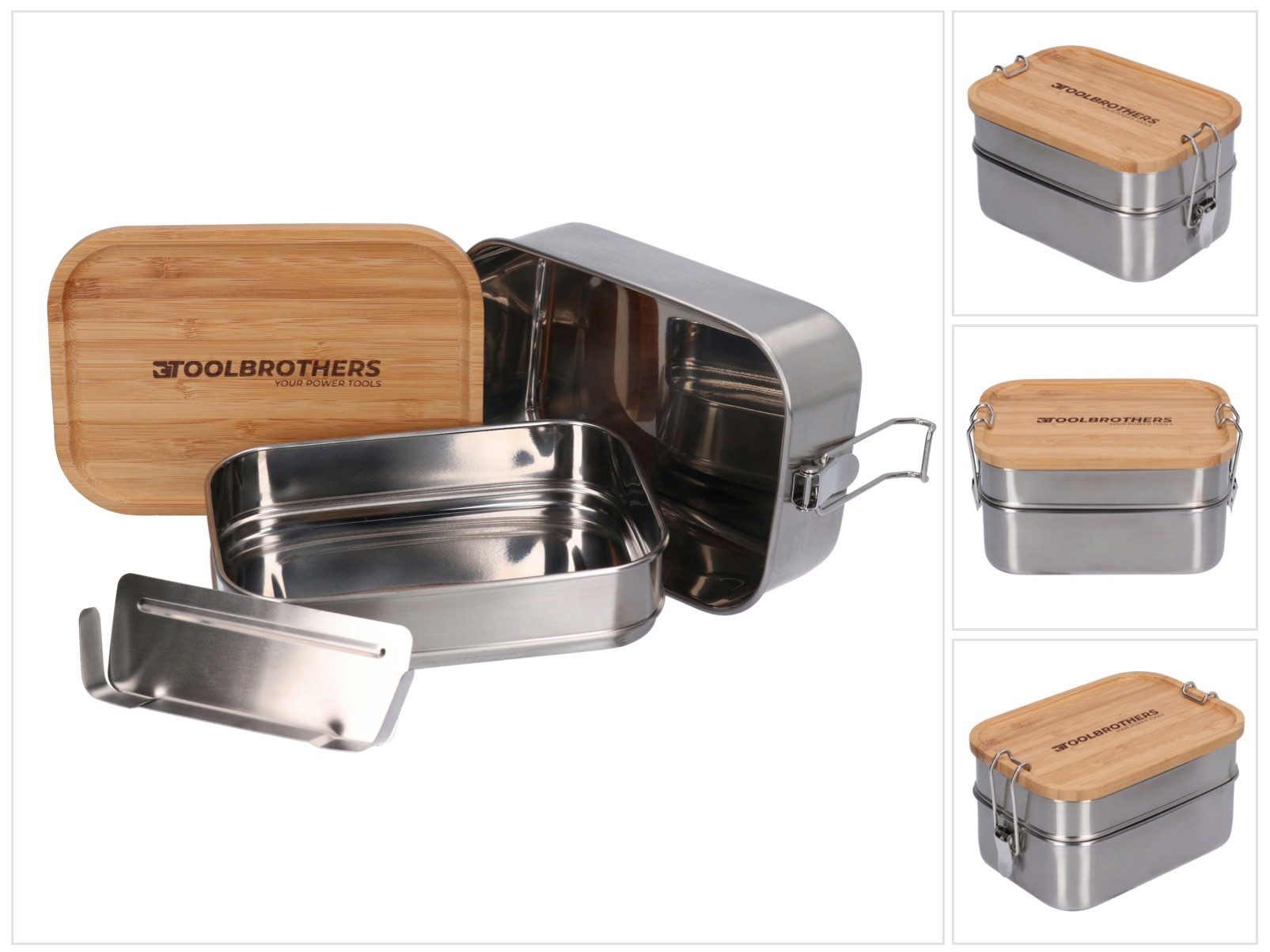 Toolbrothers Lunchbox Fan Edelstahl Brotdose mit 2 Etagen und Bambus Deckel 1340 ml