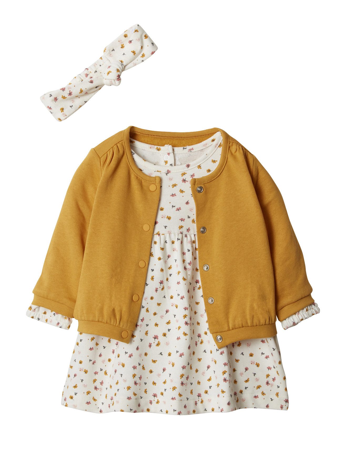 vertbaudet Kleid & Haarband Mädchen Baby-Set: Kleid, Strickjacke & Haarband