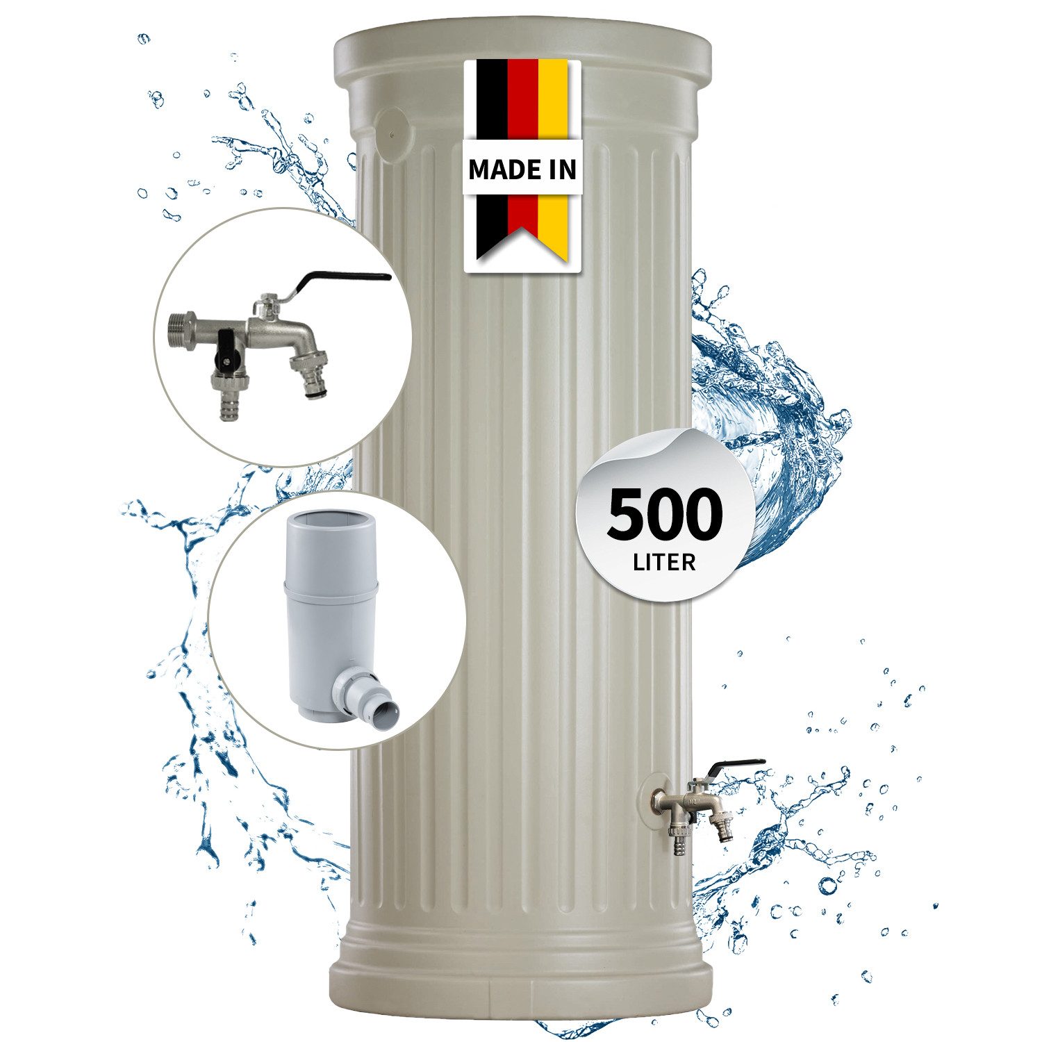 GARANTIA Regentonne Säulentank Komplett-Set 500 L, sandbeige, 500 l