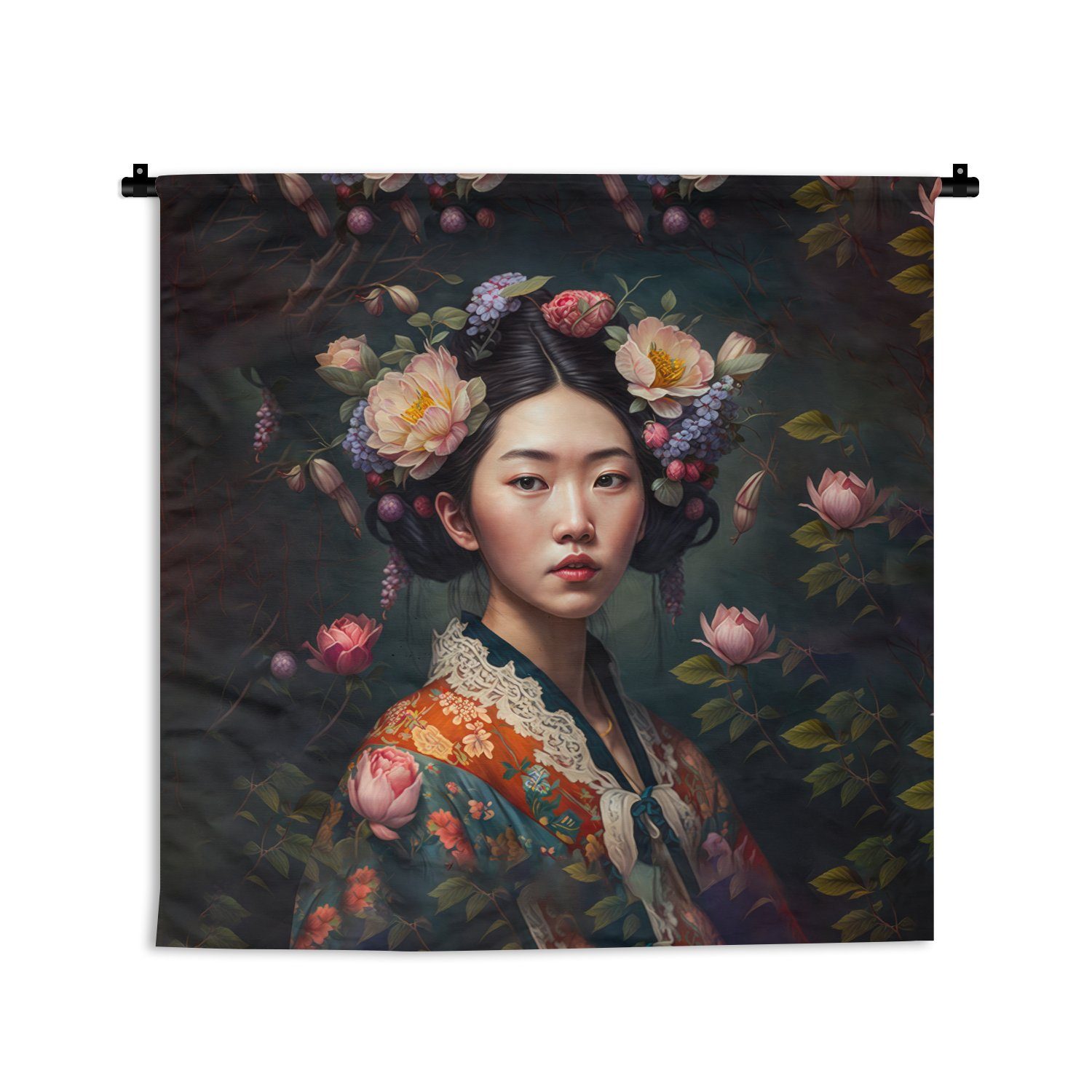 MuchoWow Wanddekoobjekt Frau - Blumen - Kleid, - Kimono Kinderzimmer Wanddeko für Wandbehang, Wohnzimmer, - Asiatisch, Porträt Schlafzimmer