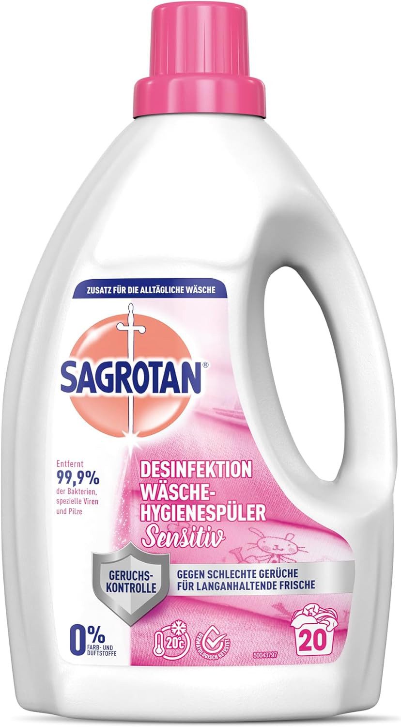 SAGROTAN Sensitiv 8 x 1,5l Wäsche Hygienespüler (Vorratspack, [8-St. Desinfektionsspüler für hygienisch saubere Wäsche - 0% Farb- & Duftstoffe)