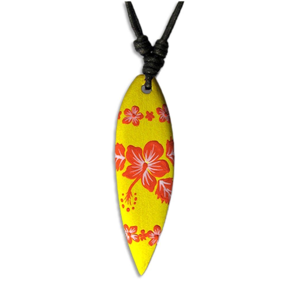 viva-adorno Kette mit Anhänger Halskette Surfbrett Holz Surferkette Surfer verschiedene Designs, Wellen Hawaii Blume Hibiskus Flammen Yolo Holzkette Gelb