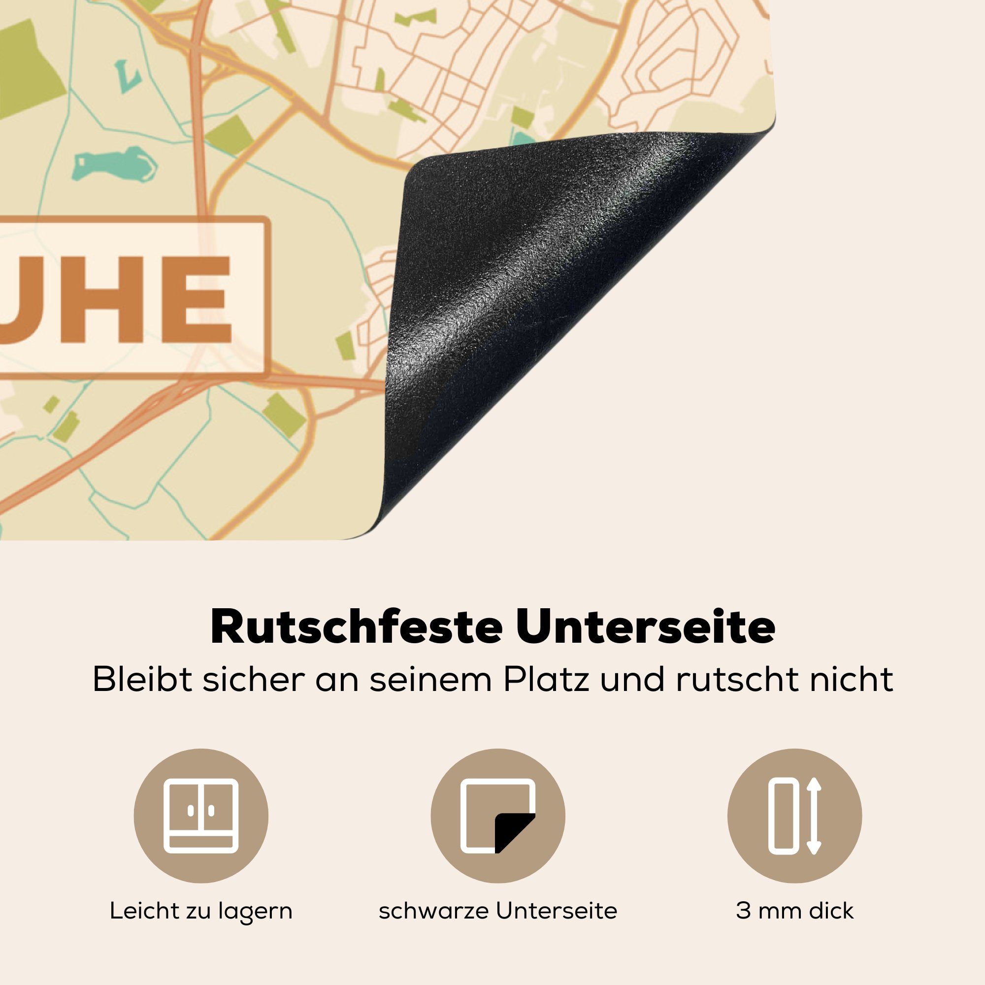 Stadtplan 78x78 für MuchoWow - Herdblende-/Abdeckplatte - - Arbeitsplatte Vinyl, küche tlg), (1 Ceranfeldabdeckung, Karlsruhe Karte, cm, Vintage