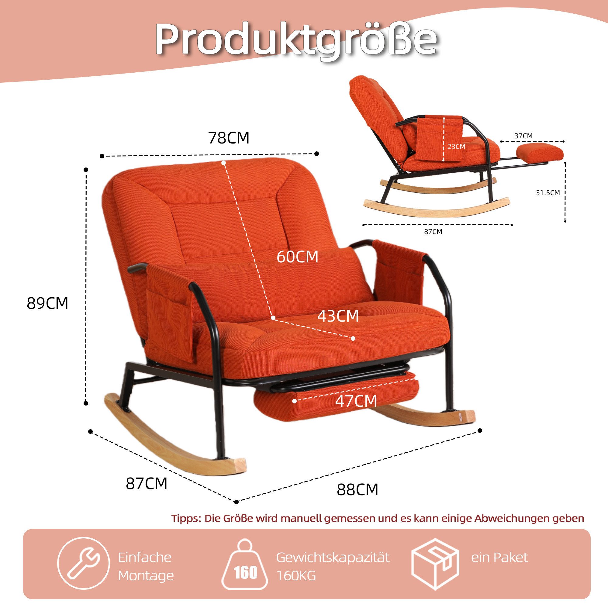 CANMOV Relaxsessel Schaukelstuhl mit ausziehbarer Fußstütze, Ergonomischer Schaukelsitz, mit Kissen und Fußstützung, verstellbare Rückenlehne 100°–160° – Bild 2 von 5