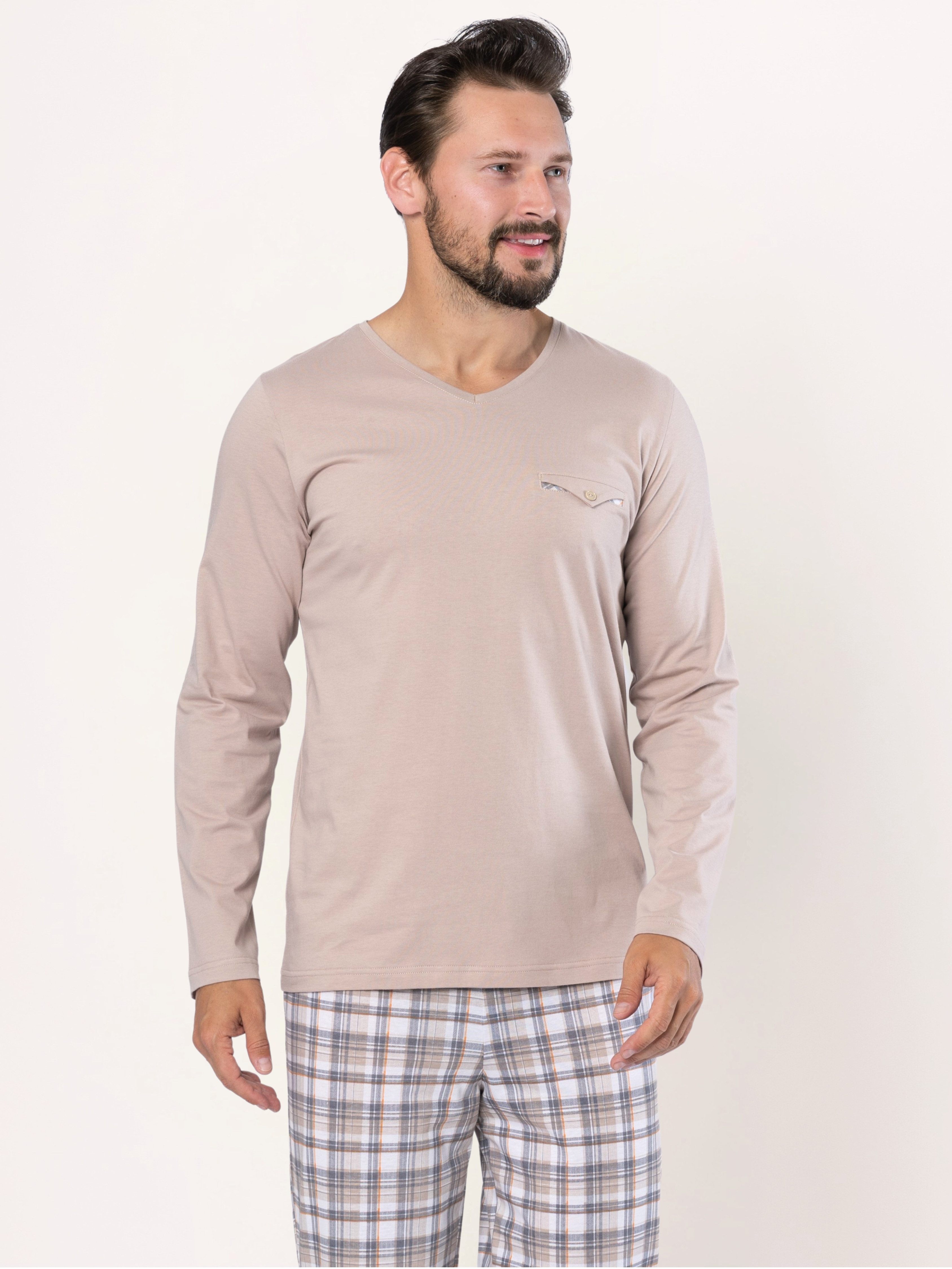 HOTBERG Pyjama langer Schlafanzug aus Baumwolle (2 tlg) Karo-Pyjamahose, Made in EU