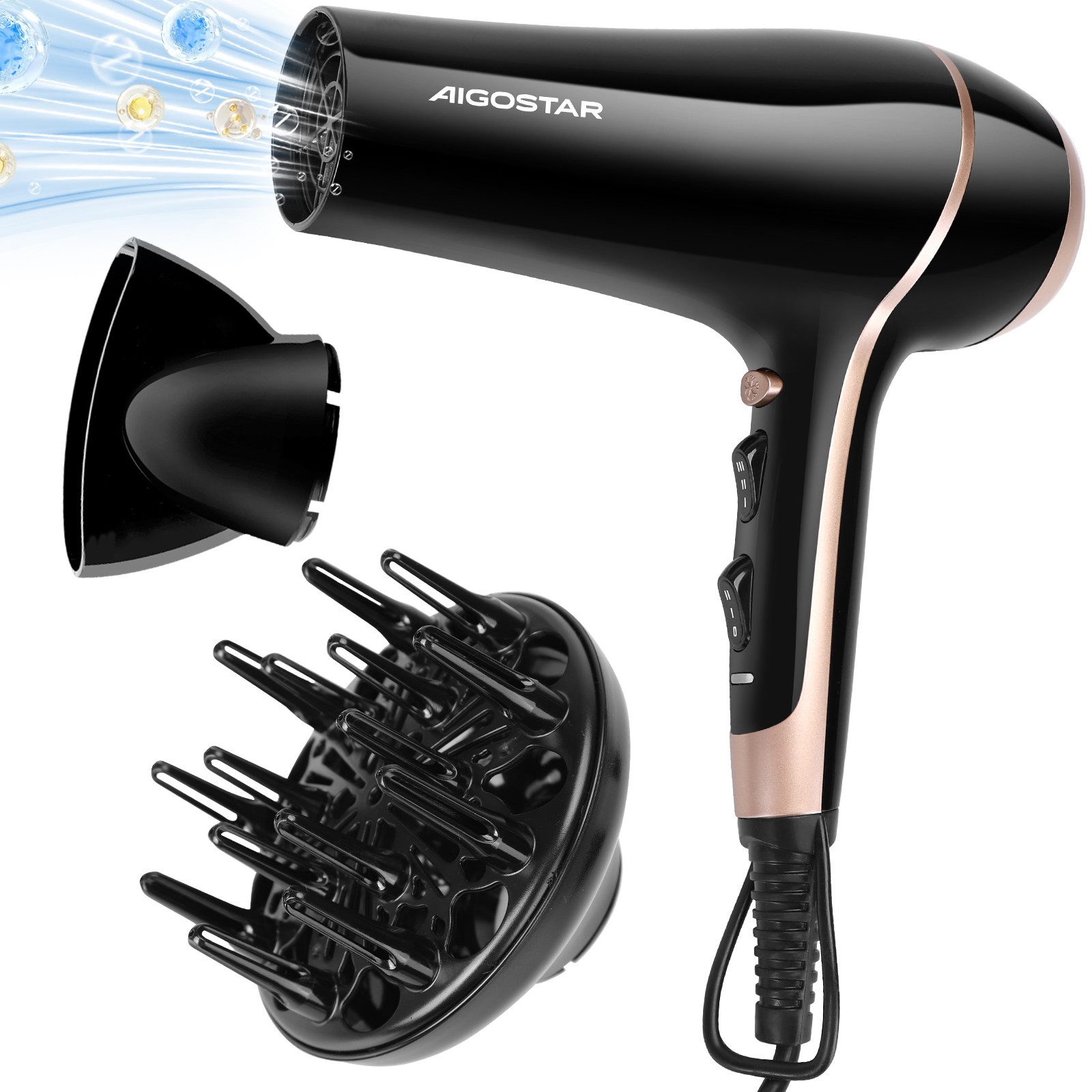 Aigostar Ionic-Haartrockner 2 Geschwindigkeit / 3 Hitze / Kühle Taste, mit Diffuser & Concentrator, 2400,00 W, 2400W Gleichstrommotor, Negative Ionenfunktion, infach zu Speichern