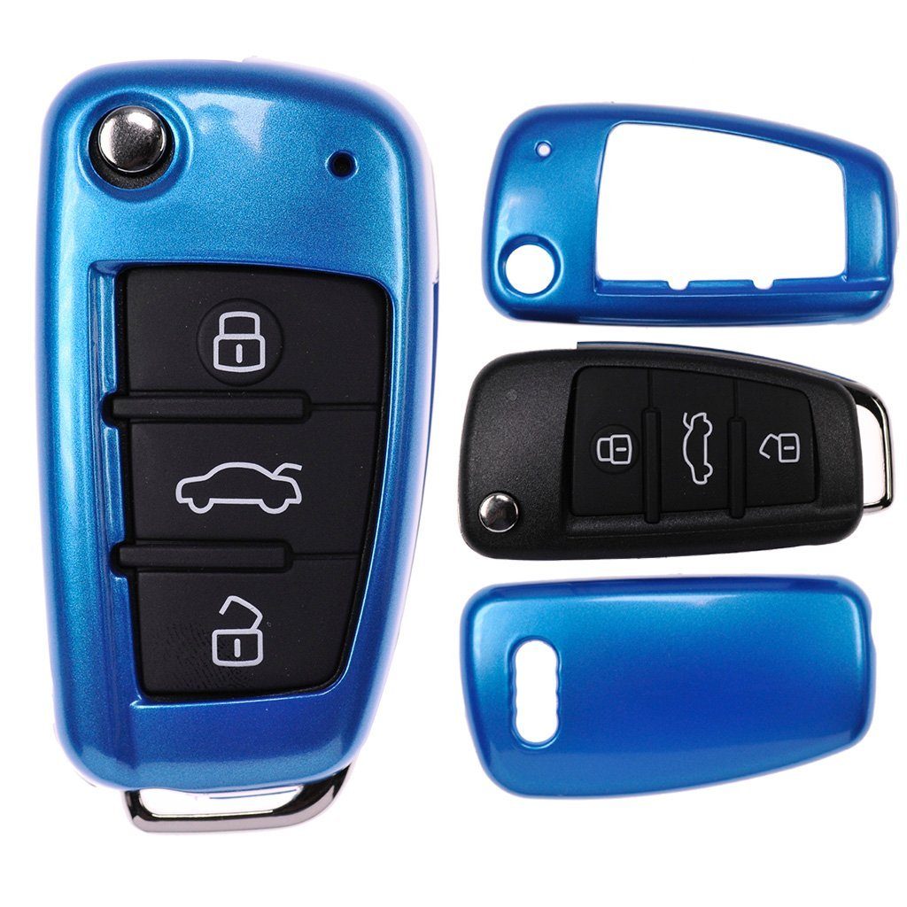 mt-key Schlüsseltasche Autoschlüssel Hardcover Schutzhülle Metallic Blue, für Audi A1 8X S1 A3 8P S3 A6 4F S6 Q7 Klappschlüssel Metallic Blau