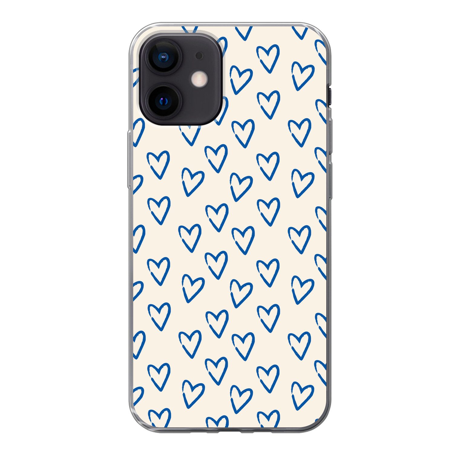 MuchoWow Handyhülle für Apple iPhone 12 Herzmuster - Blau - Beige - Liebe, Smartphone-Bumper, Print, Handy Schutzhülle Dünn
