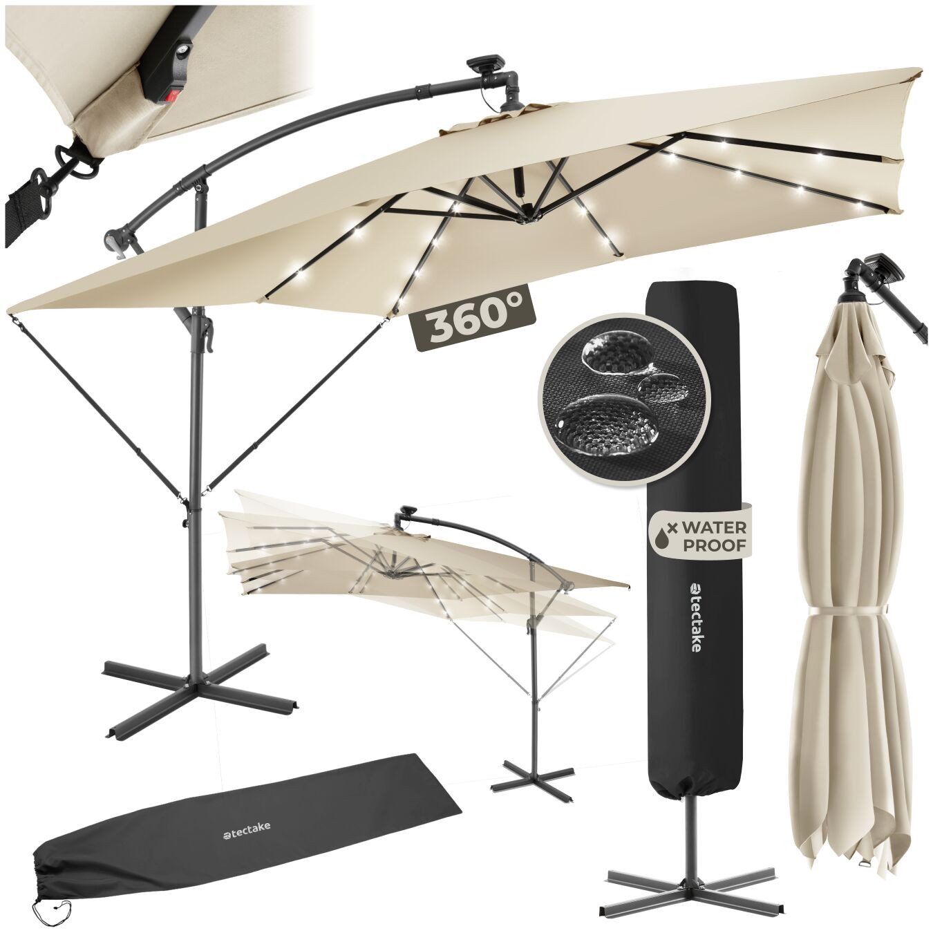 tectake Ampelschirm Sonnenschirm mit LED Solar-Beleuchtung und Winddach, 250 x 250 cm, Balkonschirm Sunna, für Außen in Beige, neigbar, wasserabweisend, inkl. Windsicherung und Schutzhülle